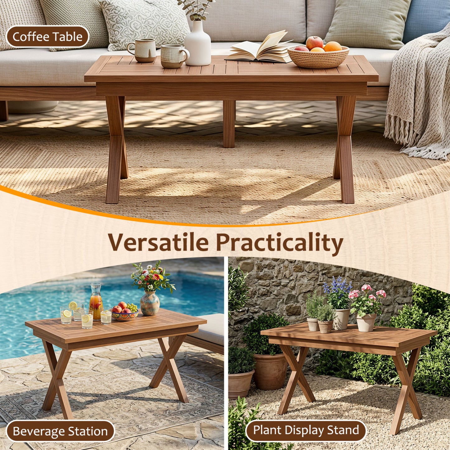 Teak Wood Outdoor Coffee Table 31.5" with Slatted Top