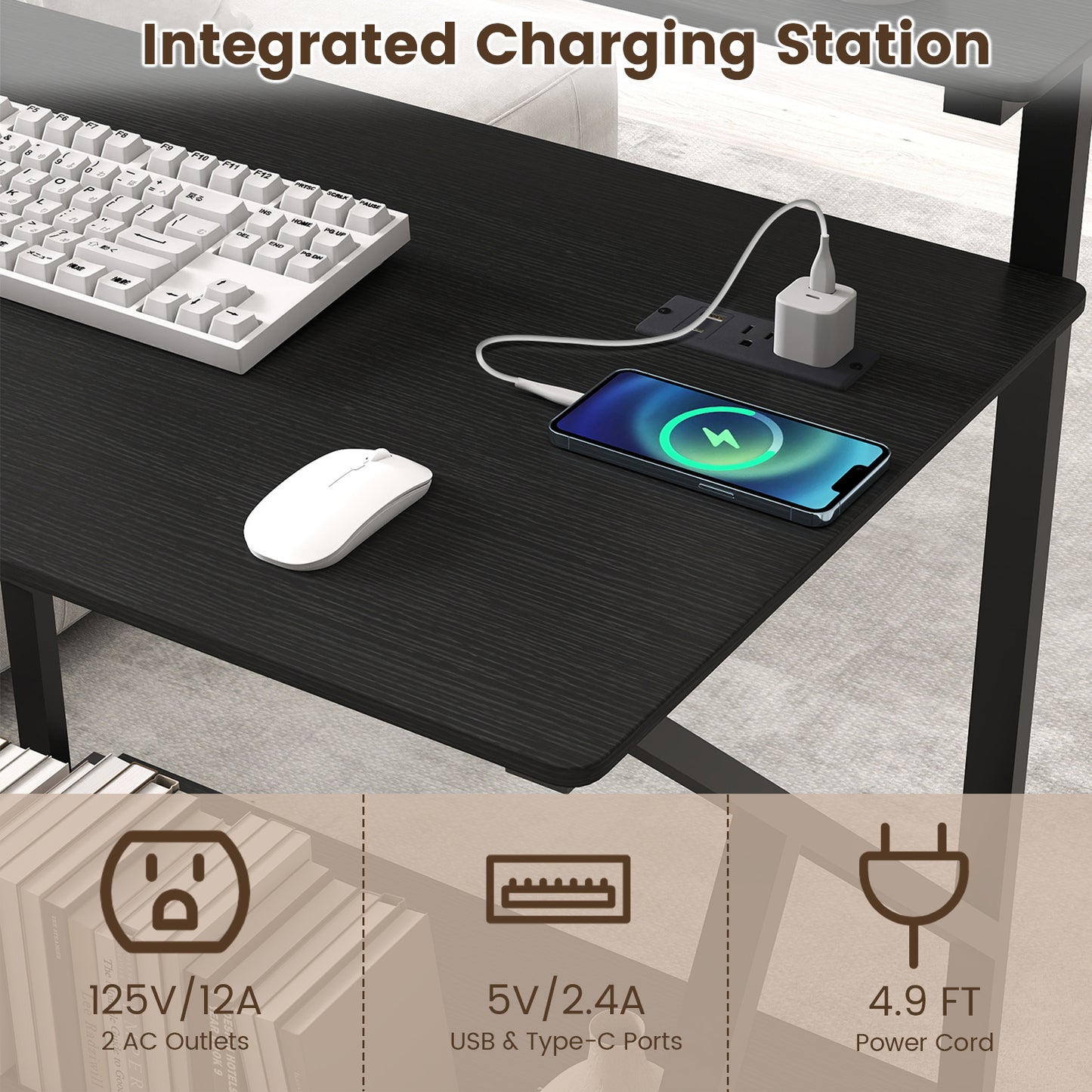 32 Inch Rolling Computer Desk for Small Spaces with Power Outlets-Black
