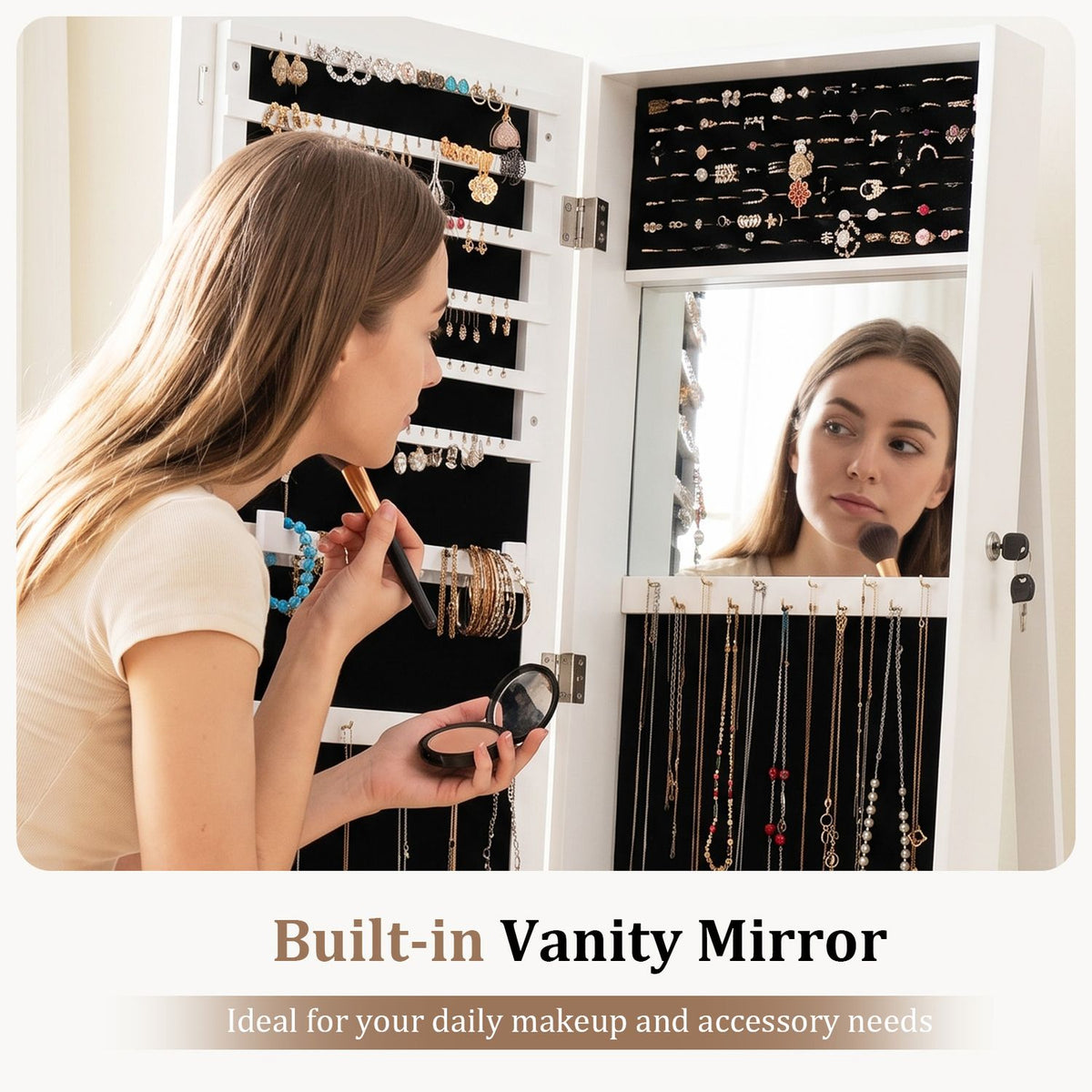 360° Swivel Jewelry Cabinet with Full-Length Mirror for Bedroom-White