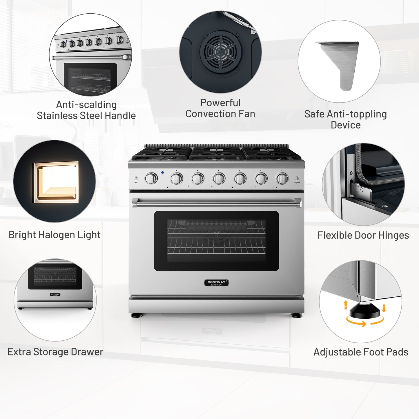 36 Inches Freestanding Natural Gas Range with 6 Burners Cooktop