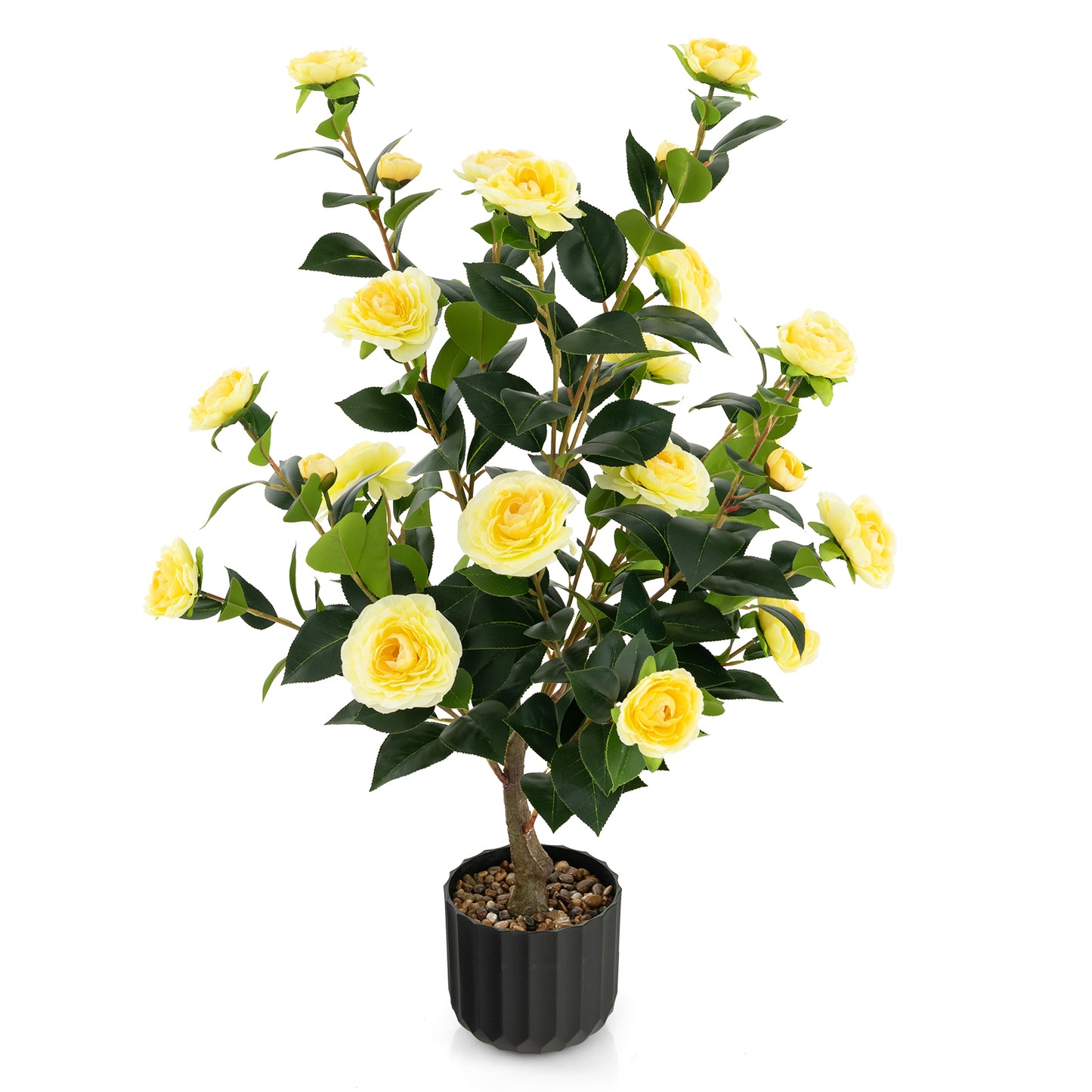 38 Inch Artificial Camellia Tree Faux Flower Plant in Cement Pot-White - Yellow