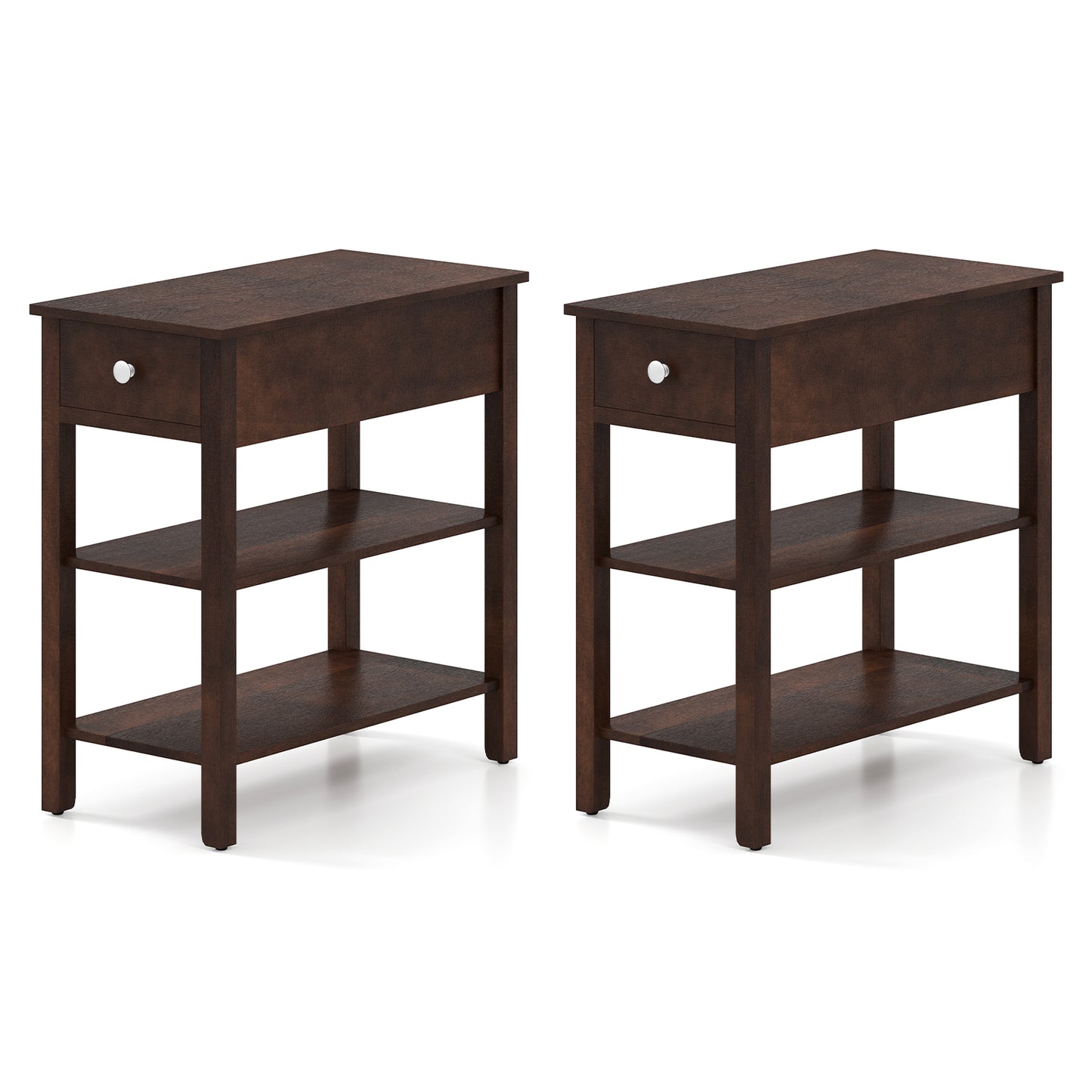 3-Tier Narrow End Table with Drawer and Storage Shelves Set of 2-Walnut - Walnut
