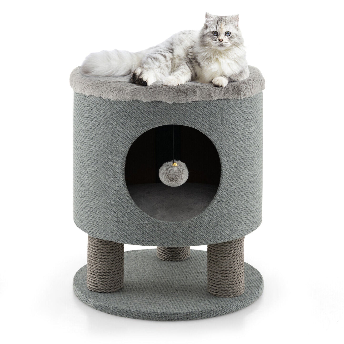 3-in-1 Cat Condo Stool Kitty Bed with Scratching Posts and Plush Ball Toy-Beige - Gray