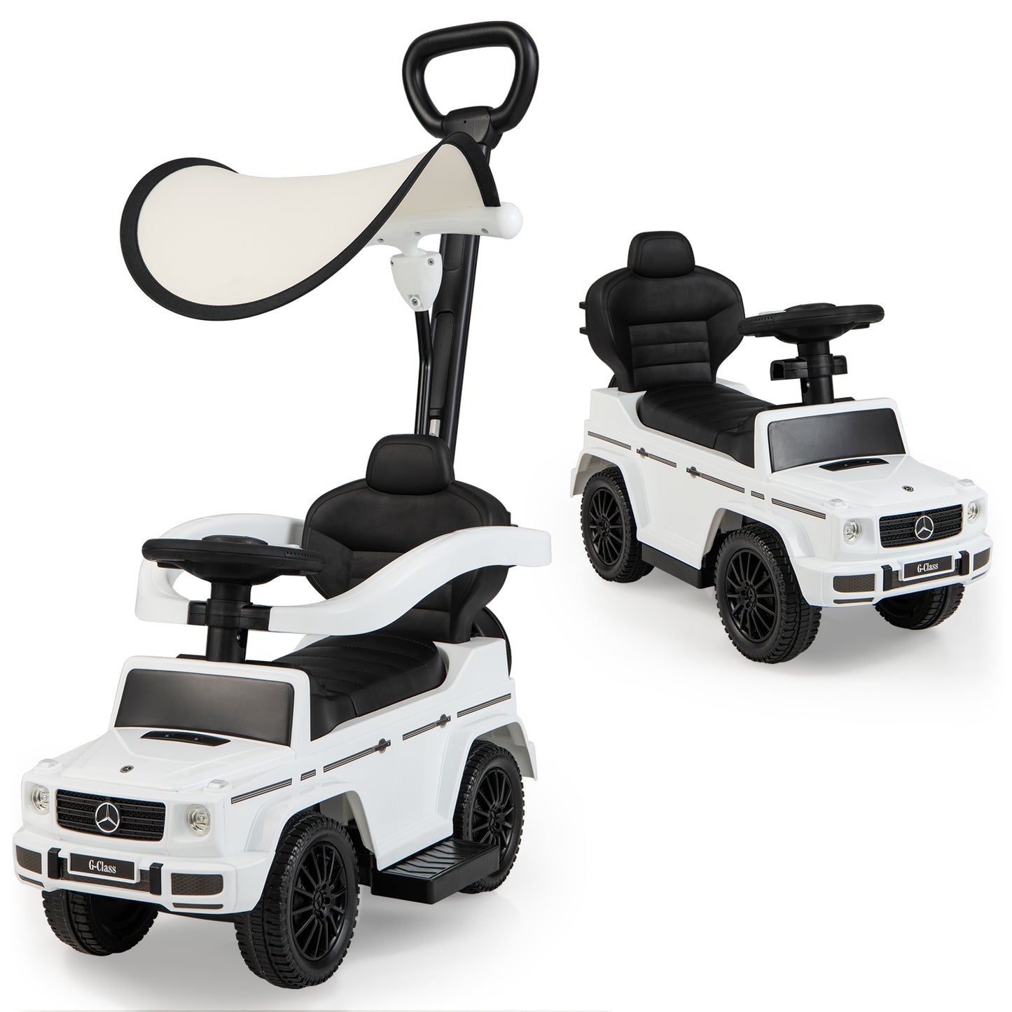 3-In-1 Ride on Push Car Mercedes Benz G350 Stroller Sliding Car with Canopy-Black - White