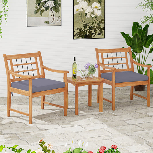 3 Piece Wood Patio Furniture Set with Seat Cushions and Acacia Wood Frame