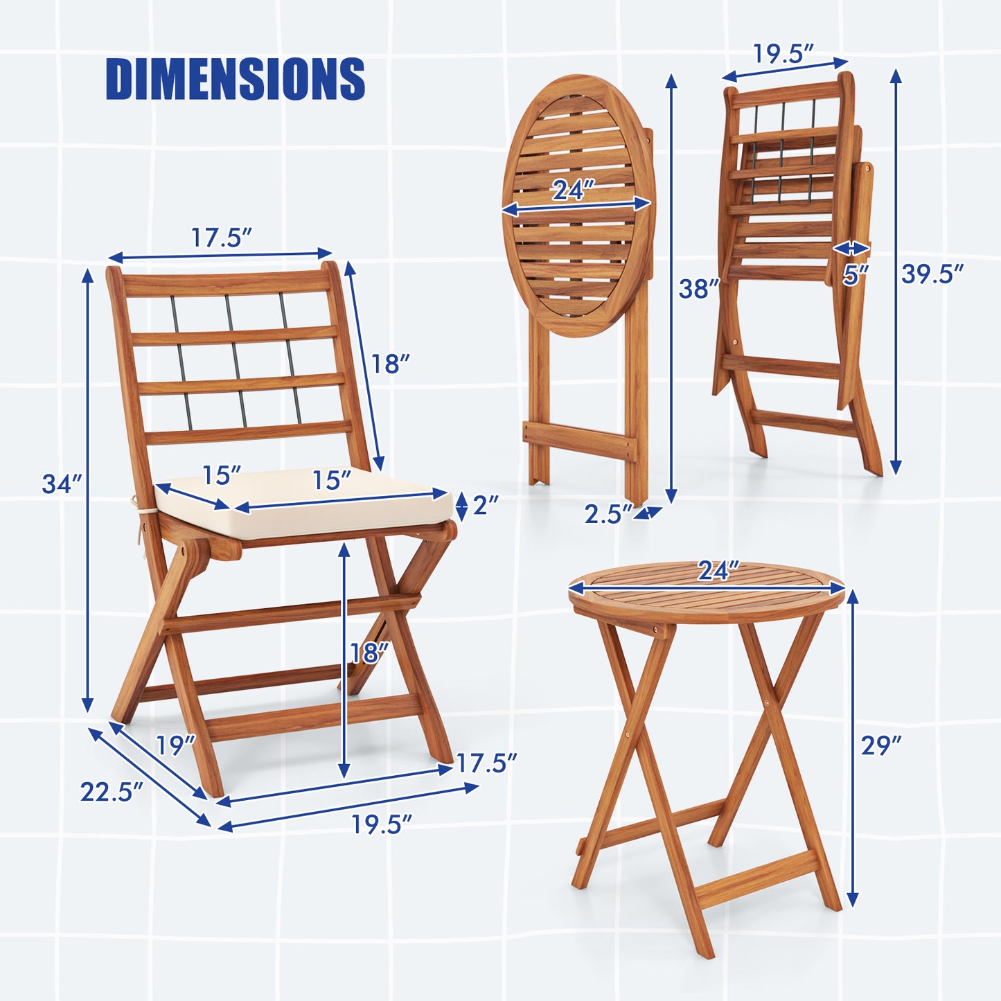 3 Pieces Acacia Wood Patio Bistro Set with Cushions-White - White