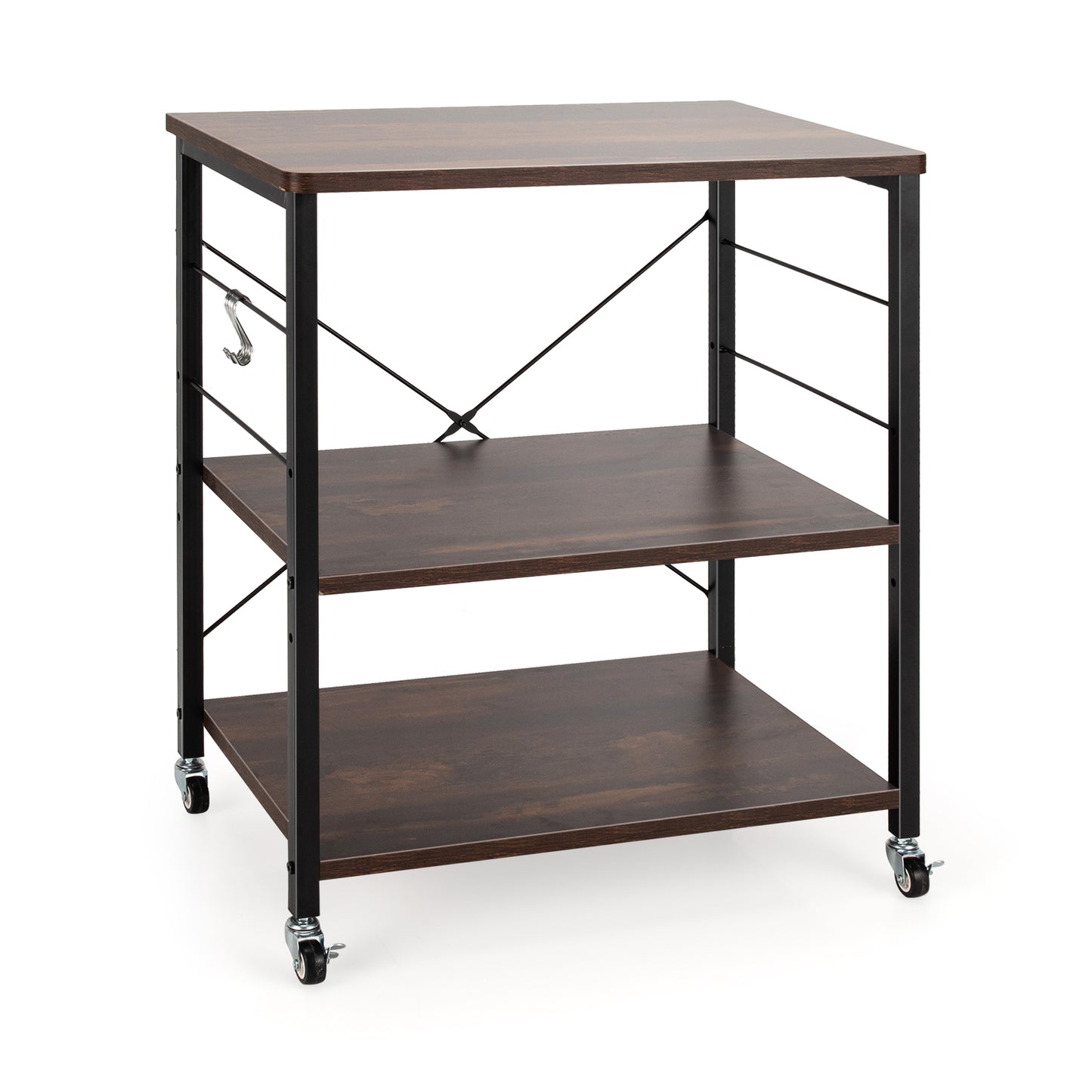 3-Tier Kitchen Baker's Rack Microwave Oven Storage Cart with Hooks-Charcoal Brown - Charcoal Brown