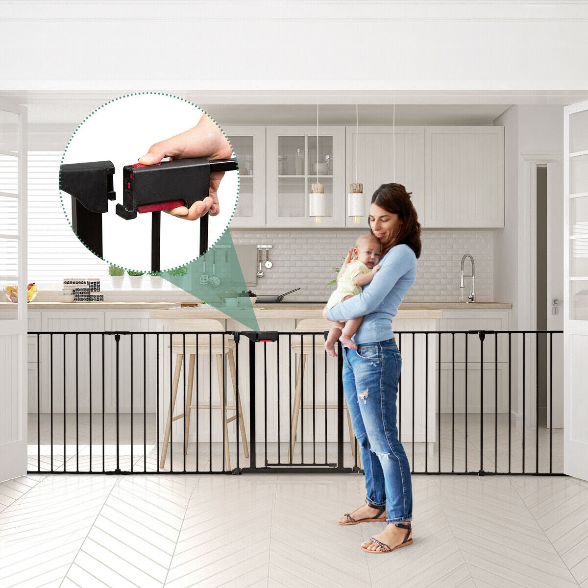 6 Panel Wall-mount Adjustable Baby Safe Metal Fence Barrier-Black