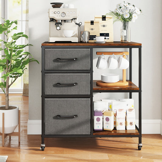 3 Drawer Mobile File Cabinet with Charging Station Rolling Printer Stand with Open Storage Shelves-Brown