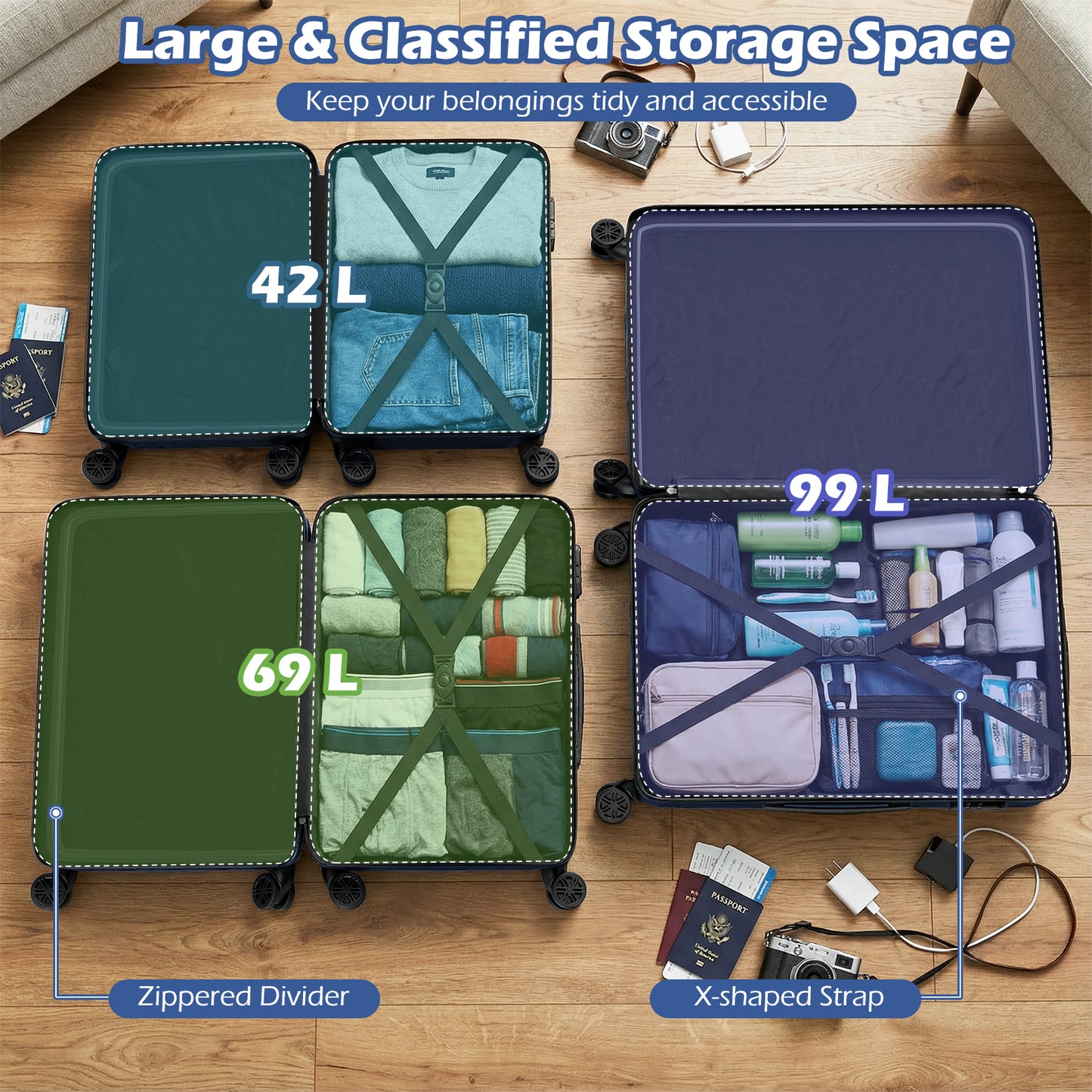 3-Piece Hardside Luggage Set (20/24/28 Inch) Lightweight with 3-Digital Lock-Navy