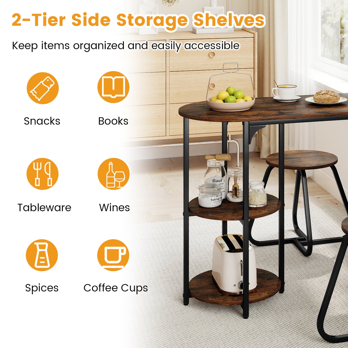 3-Piece Industrial Dining Table Set for Small Space-Rustic Brown