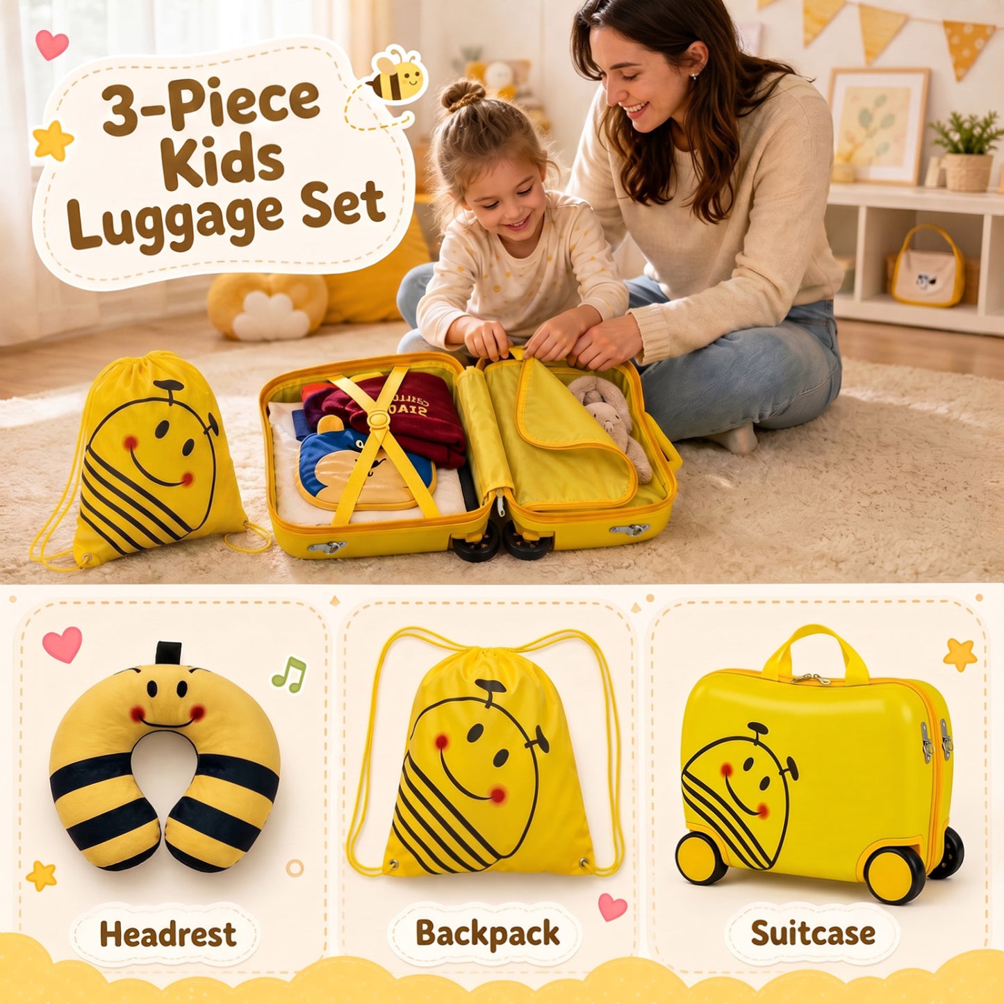 Kids Ride-On Luggage Set with Backpack and Headrest - Yellow