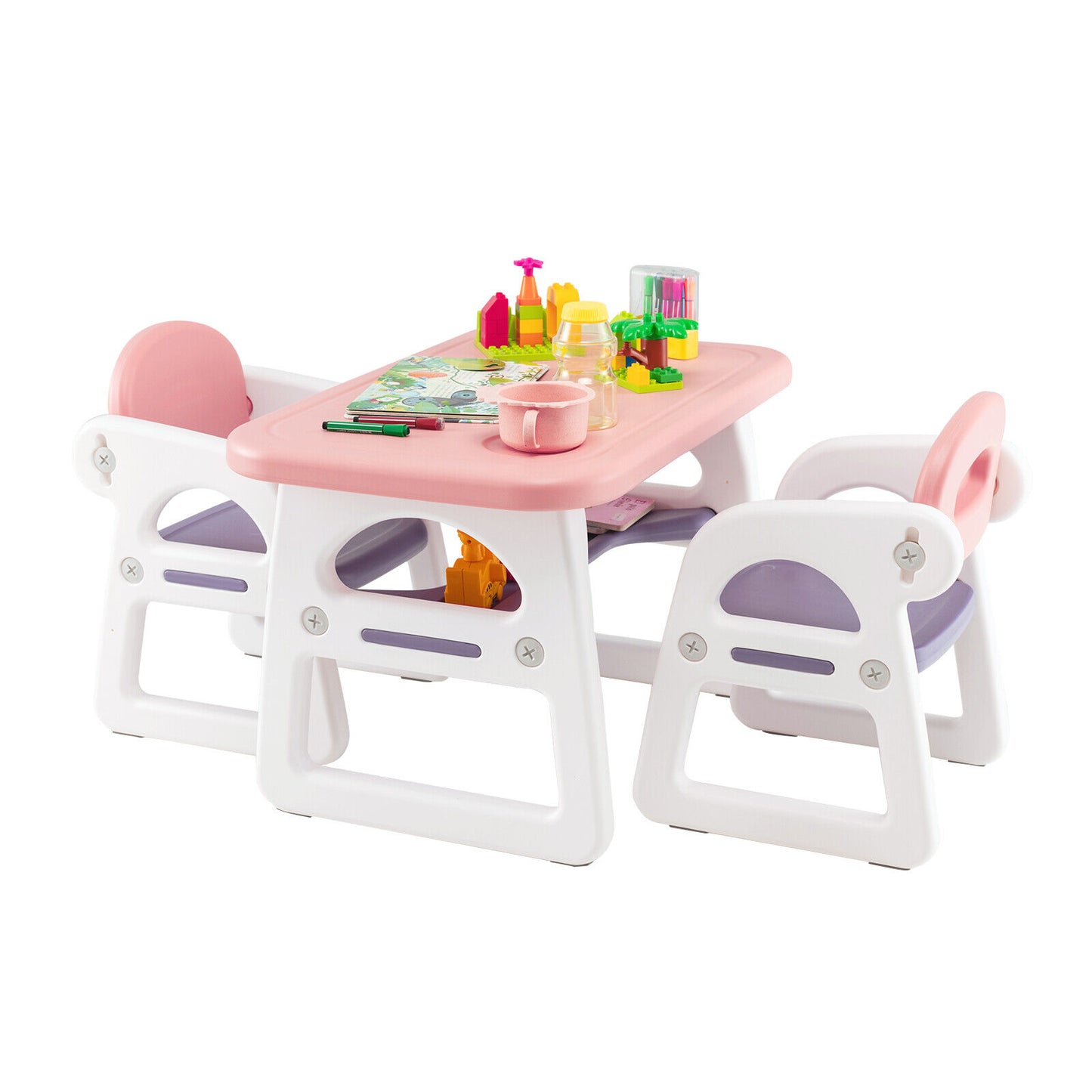 Kids Table and Chair Set with Building Blocks-Pink & Purple - Pink & Purple