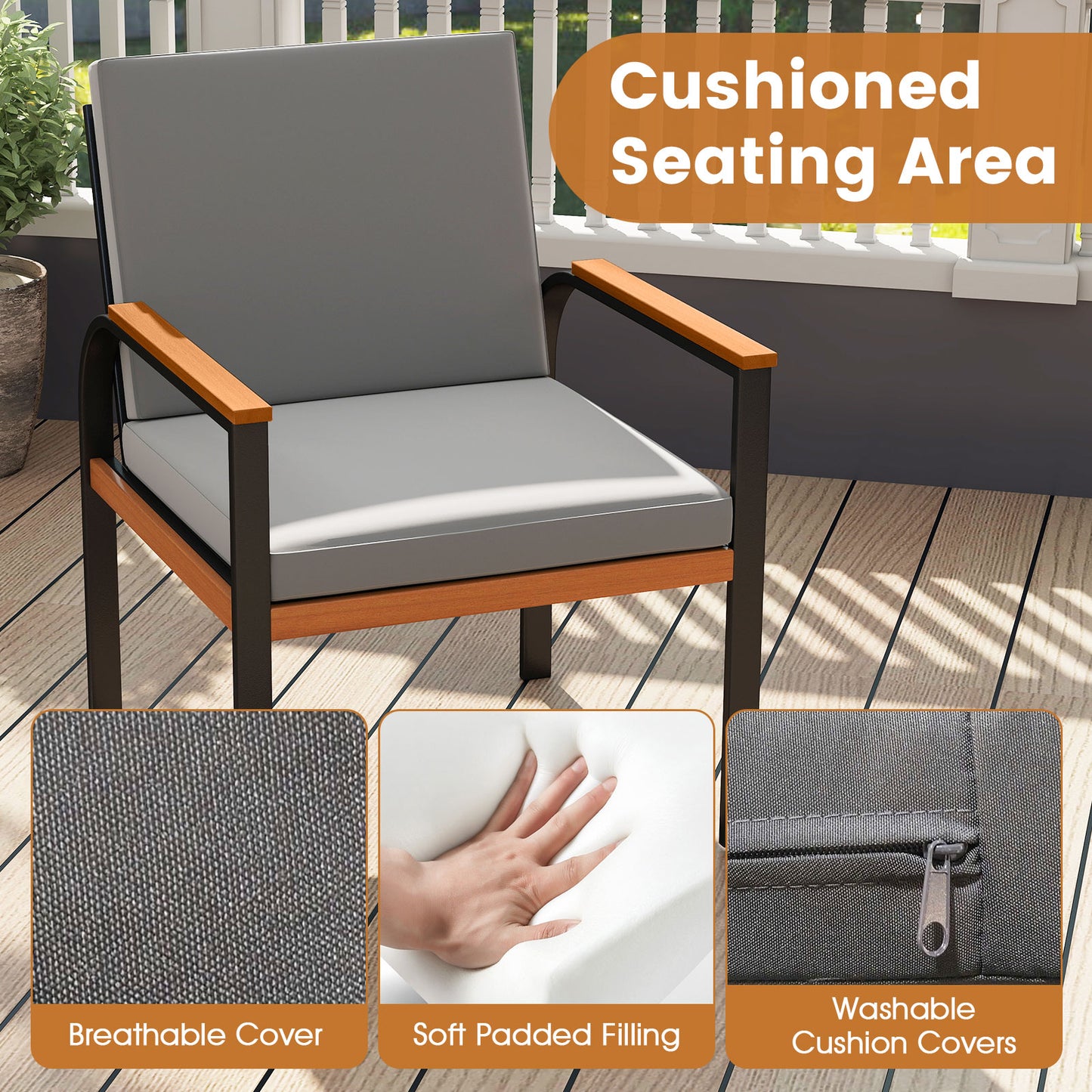 3 Piece Patio Furniture Set Outdoor Conversation Set with Coffee Table-Grey