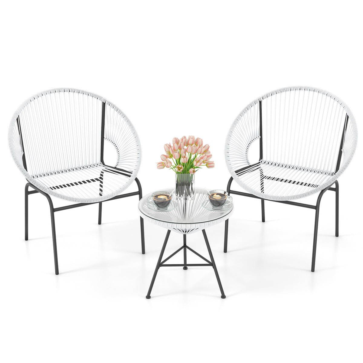3 Pieces Patio Acapulco Furniture Bistro Set with Glass Table-Gray - White