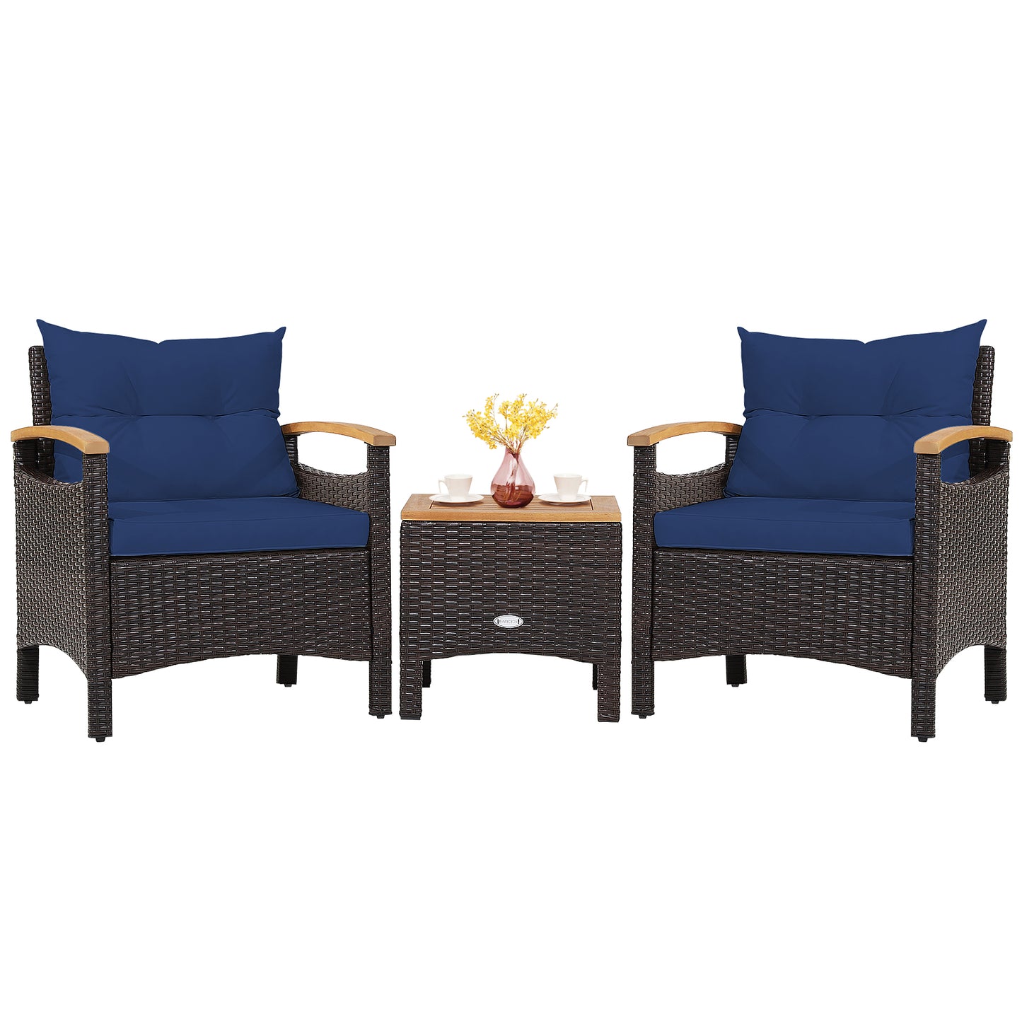 3 Pieces Patio Rattan Furniture Set with Removable Cushions-Beige - Navy