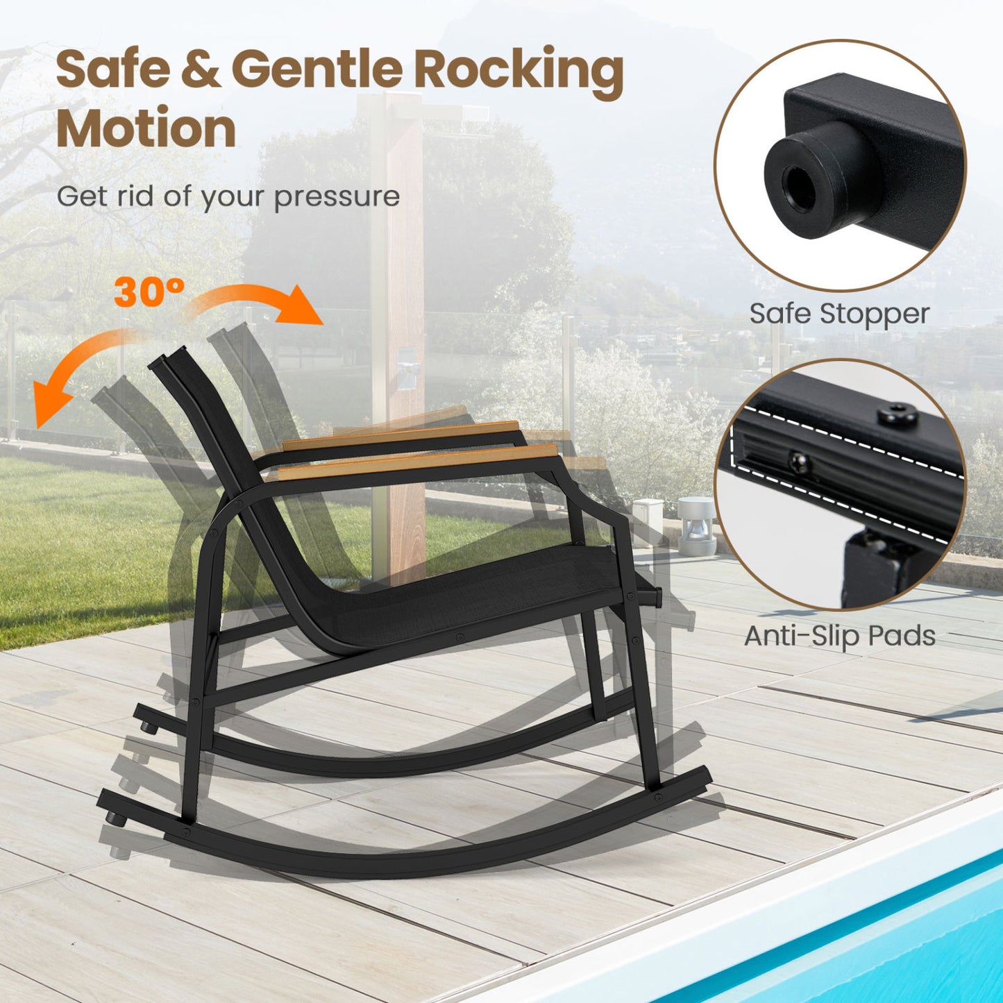 3-Piece Patio Rocking Bistro Set with Glass Coffee Table
