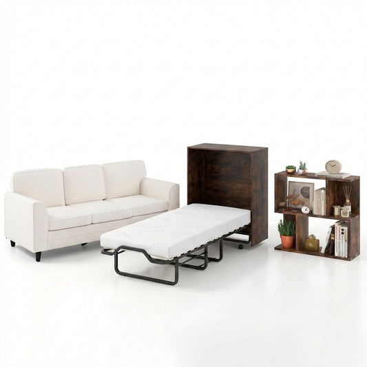 3-Piece Space-Saving Living Room with Teddy Sofa Display Bookshelf & Foldable Murphy Bed