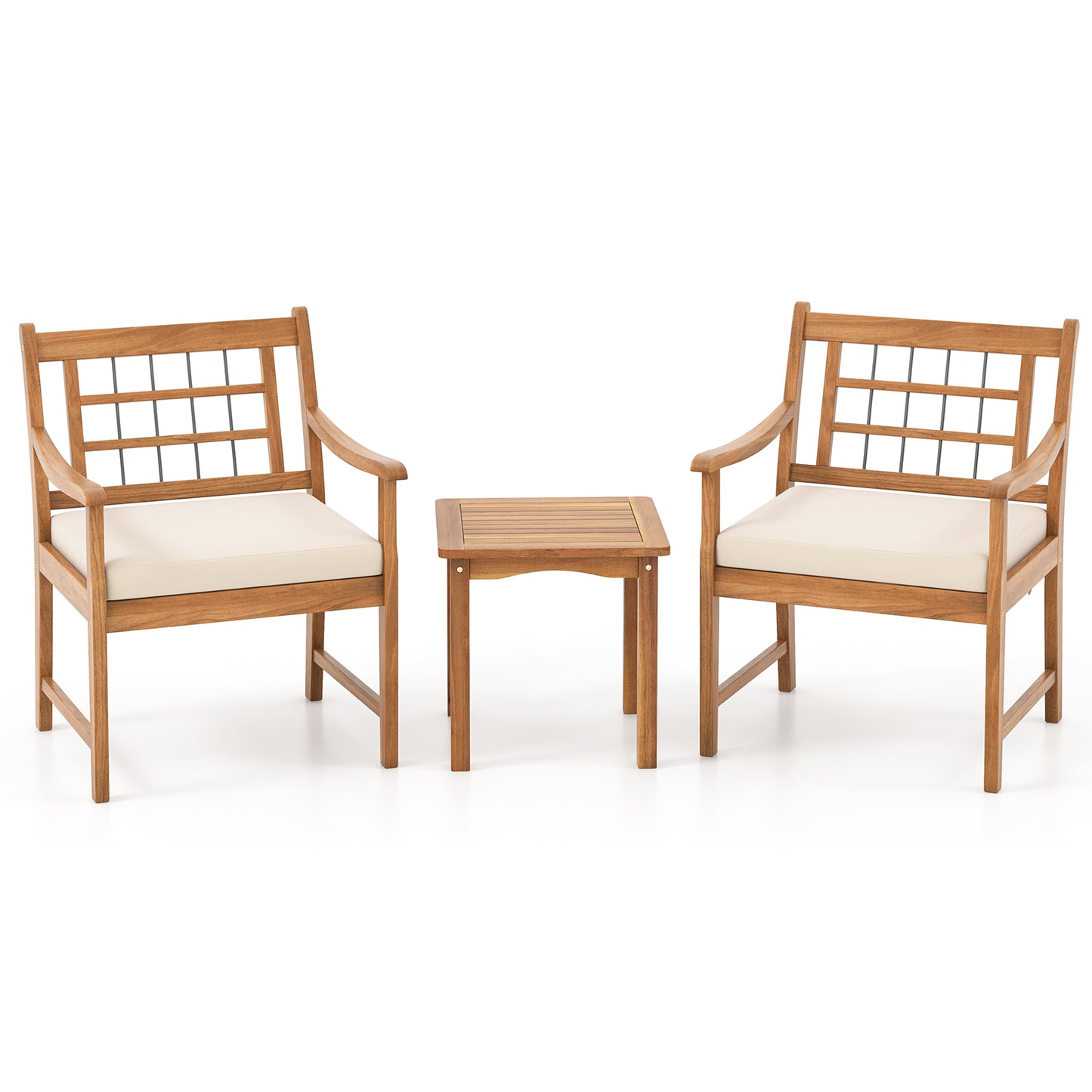3 Piece Wood Patio Furniture Set with Seat Cushions and Acacia Wood Frame-Navy - White