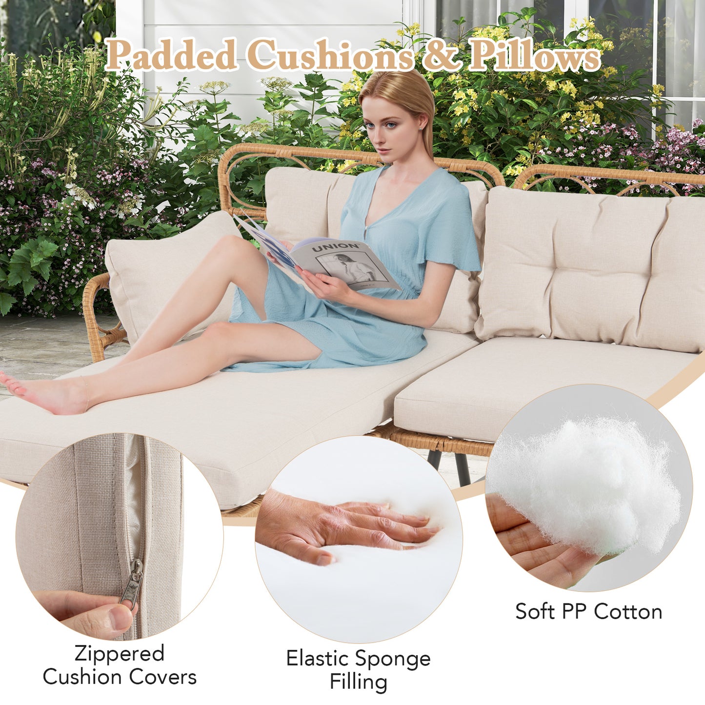 3 Pieces Corner Patio Furniture with Small Coffee Table-Beige