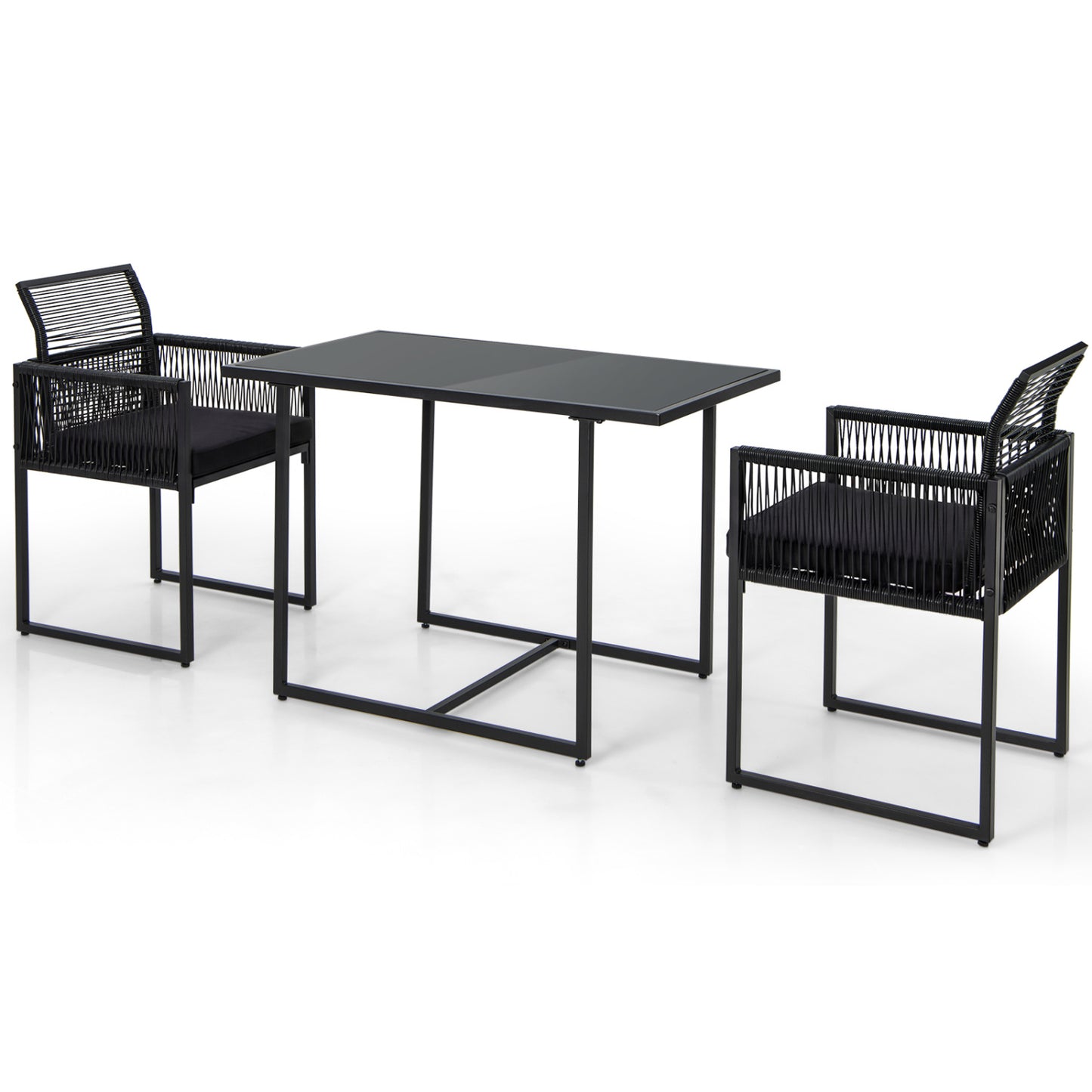 3 Pieces Outdoor Dining Set with Folding Backrest and Seat Cushion-Black - Black