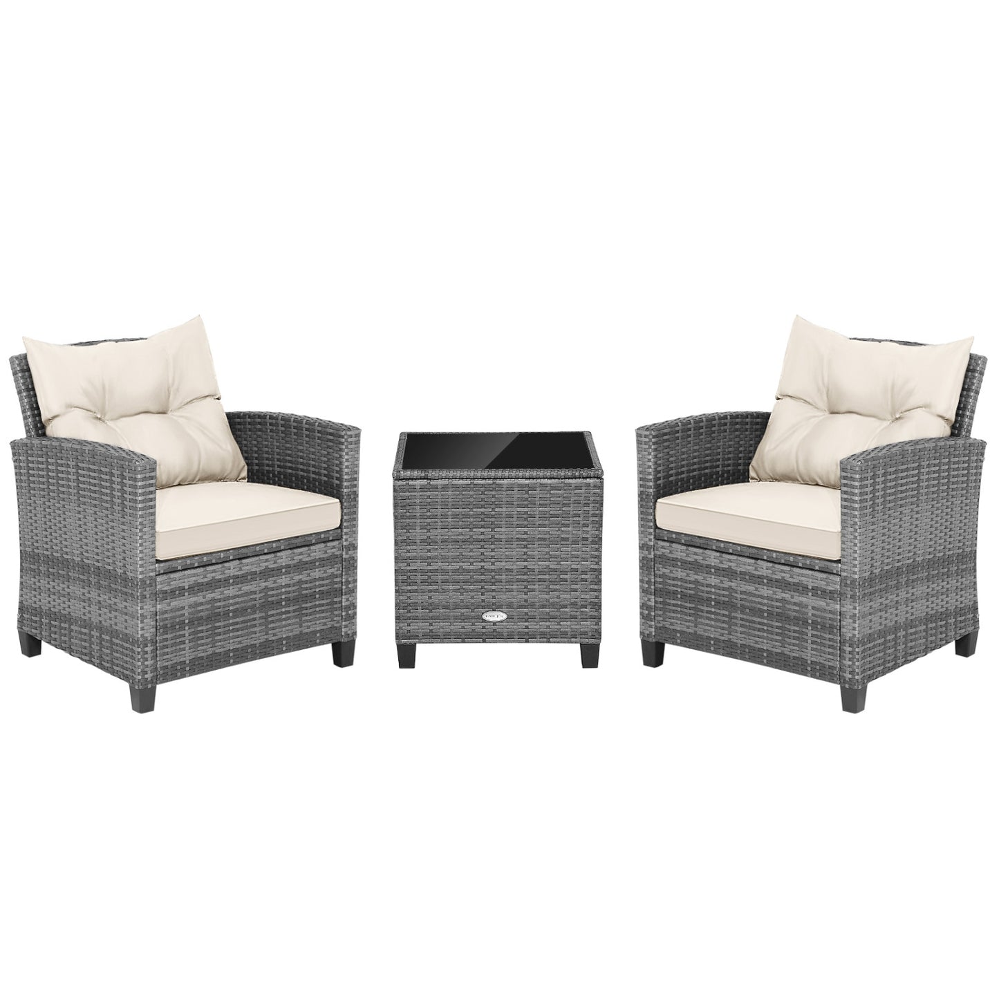 3 Pieces Outdoor Wicker Conversation Set with Tempered Glass Tabletop-Red - White