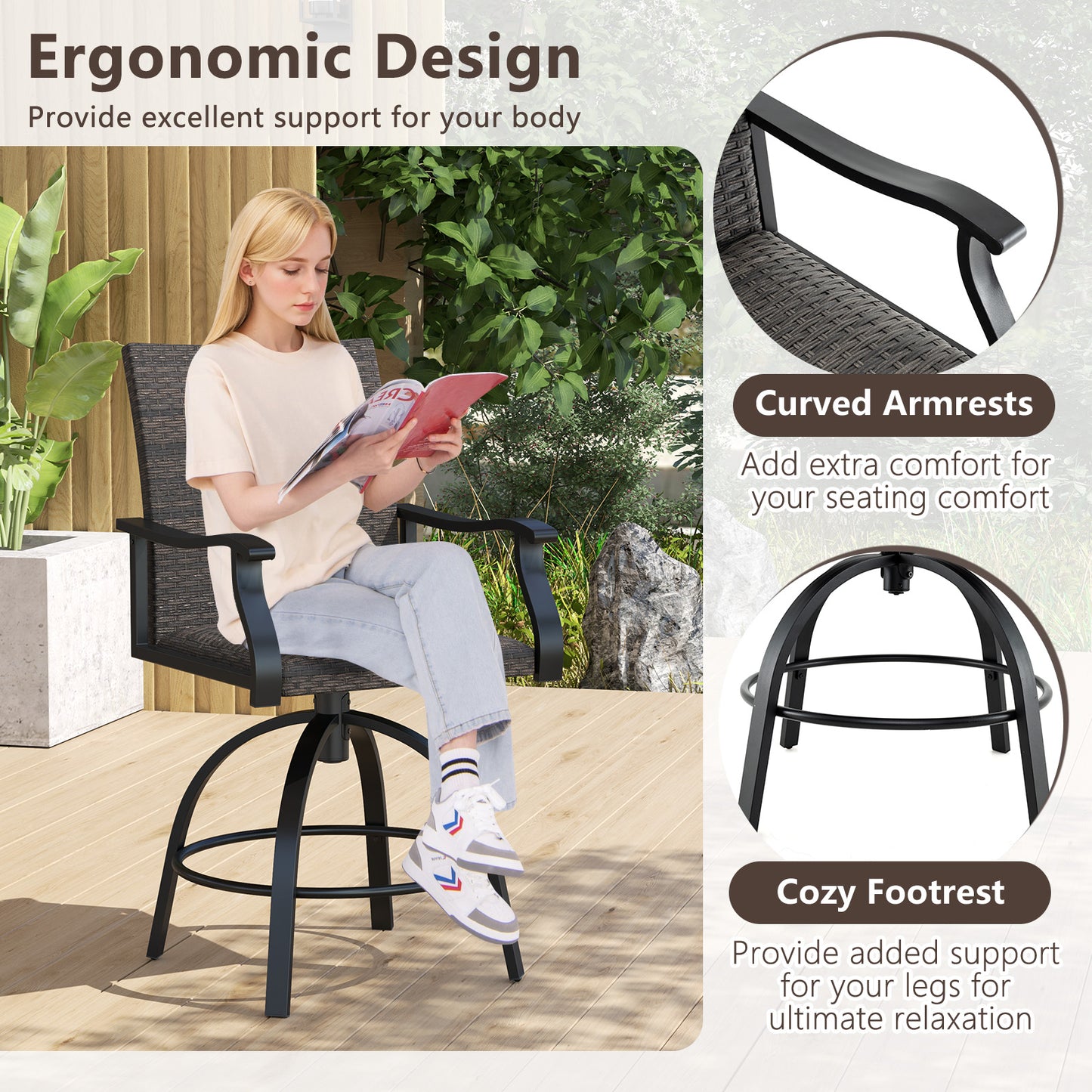 3 Pieces PE Wicker Patio Swivel Bar Set with Quick-Drying Foam-Black