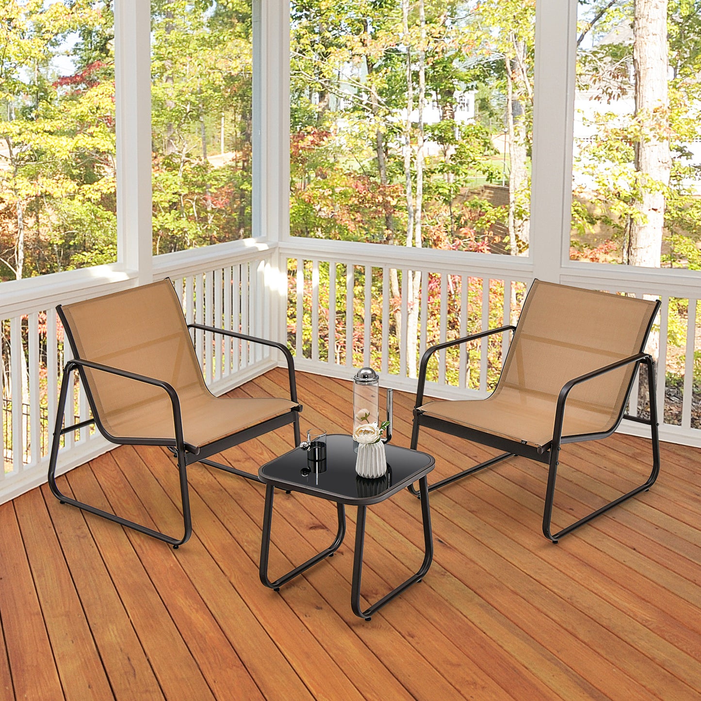 3 Pieces Patio Conversation Set with Breathable Fabric and Tabletop-Brown