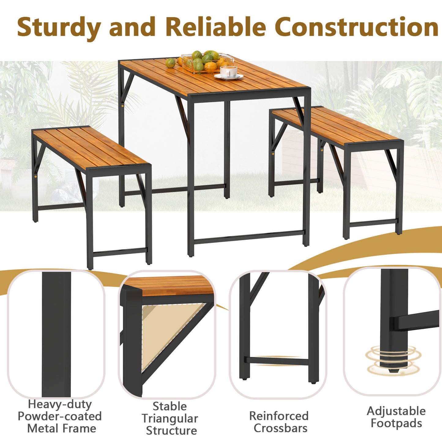 3 Pieces Patio Dining Set with Picnic Table and 2 Benches for 4 People
