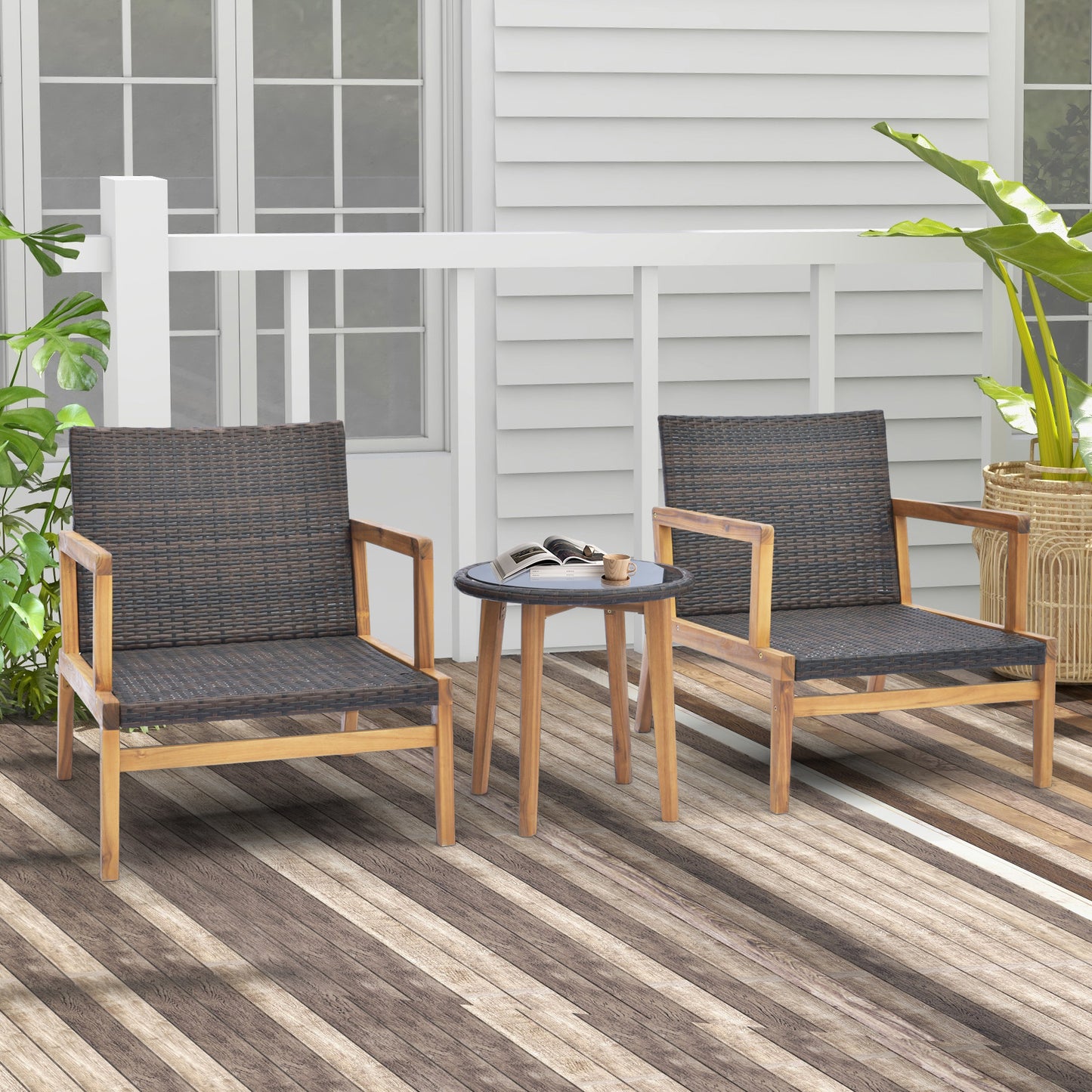 3 Pieces Patio Furniture Set with Cushioned Chairs and Tempered Glass Side Table-Brown - Brown