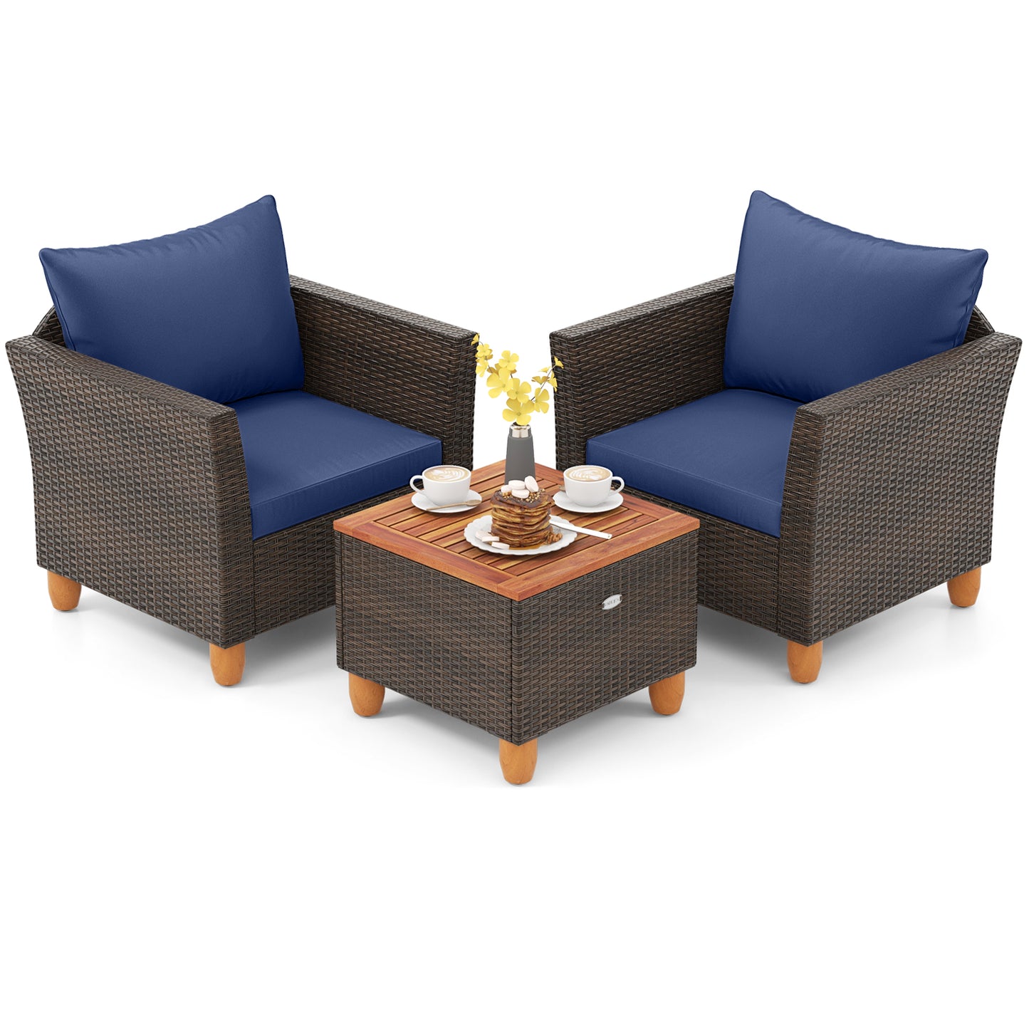 3 Pieces Patio PE Wicker Furniture Set with Cushions and Acacia Wood Storage Coffee Table-Black - Navy