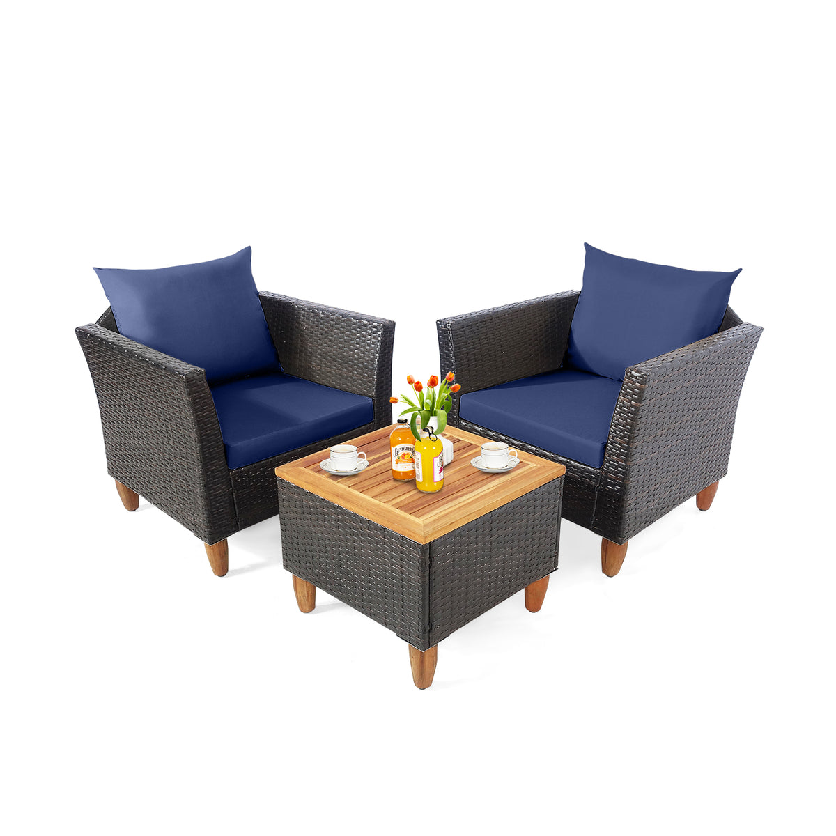 3 Pieces Patio Rattan Bistro Furniture Set with Wooden Table Top-Black - Navy