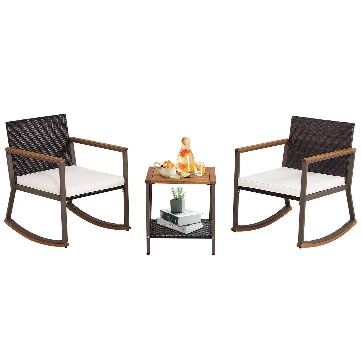 3 Pieces Rattan Rocking Bistro Set with Coffee Table and Cushions-Navy - Off White