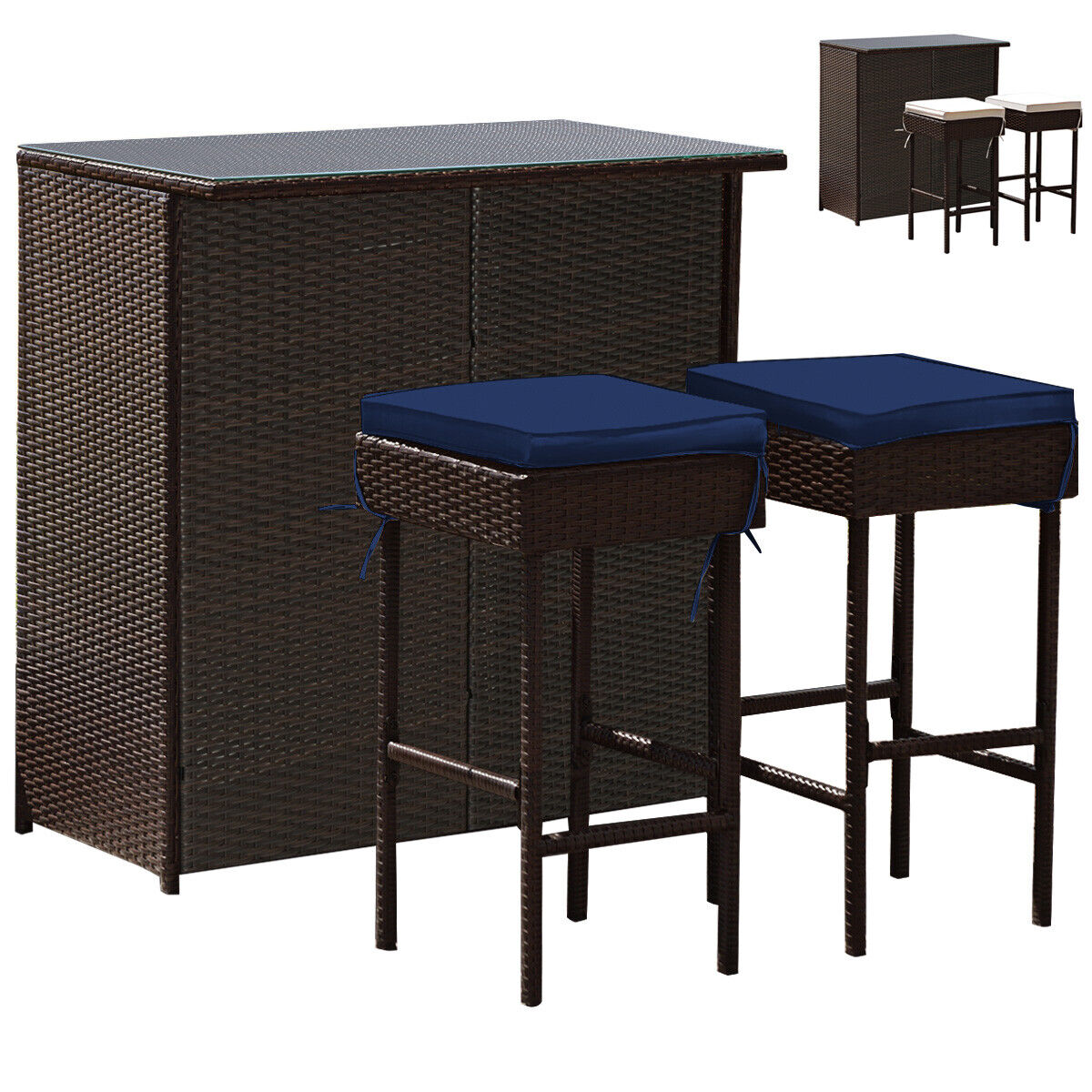 3PCS Patio Rattan Wicker Bar Table Stools Dining Set-Turquoise - Navy & Off White