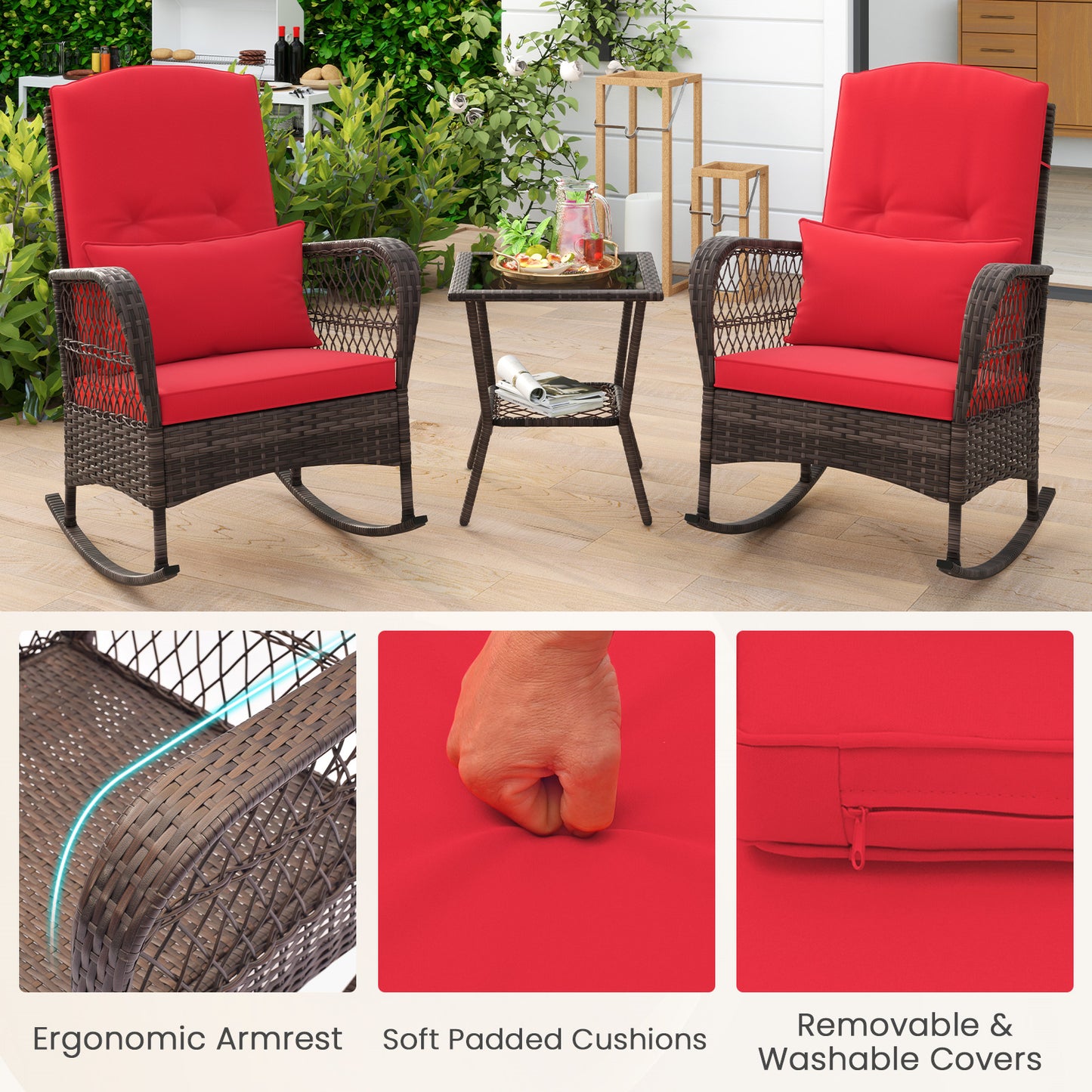 3 Pieces Rocking Bistro Set with 2-Tier Coffee Table-Red