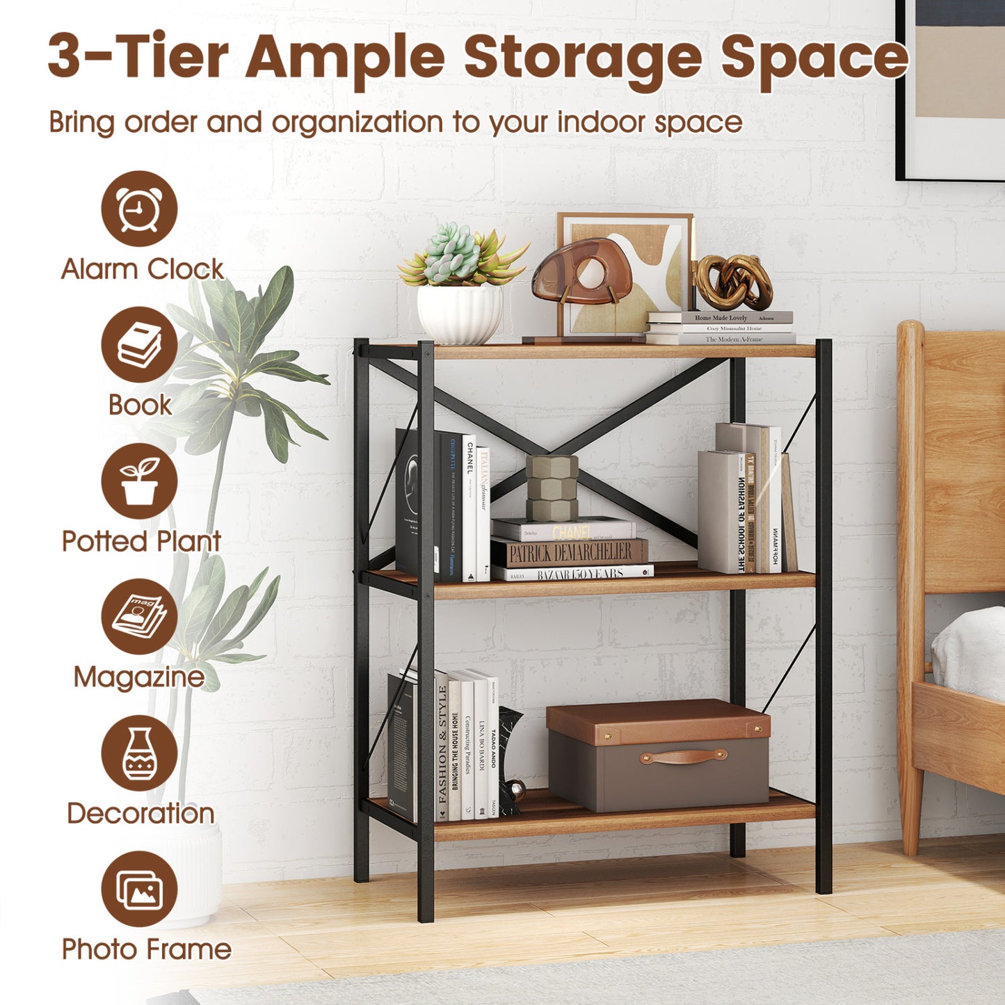 3-Tier Bookshelf with Heavy-Duty Metal Frame