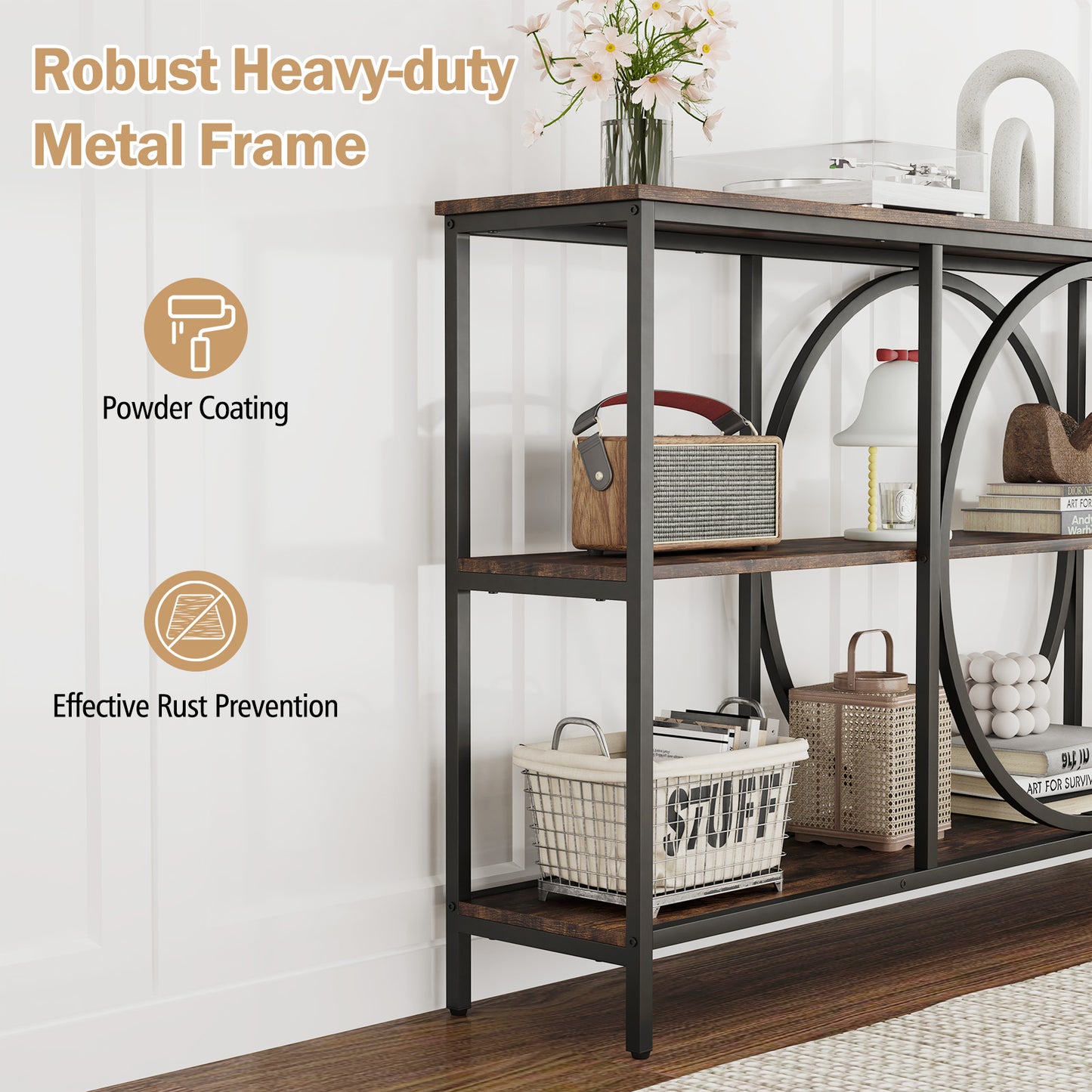 3-Tier Console Table with Faux Marble Top and Storage Shelves for Hallway Living Room-Rustic Brown