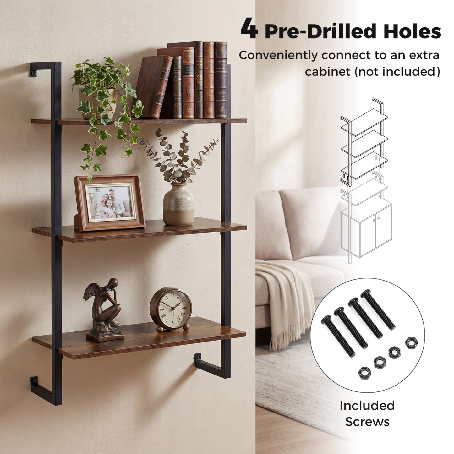 3-Tier Floating Wall Shelf - Rustic Brown