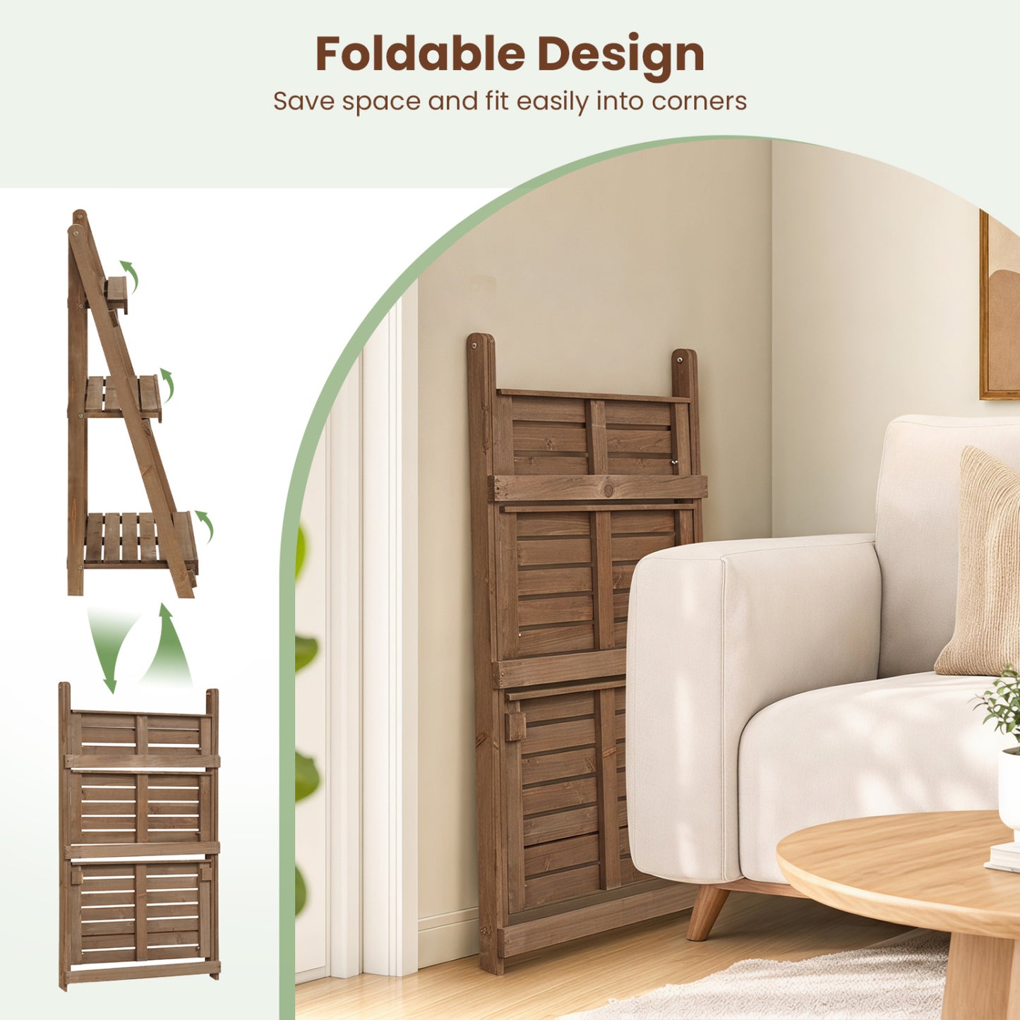 3-Tier Foldable Plant Stand with Slatted Shelves