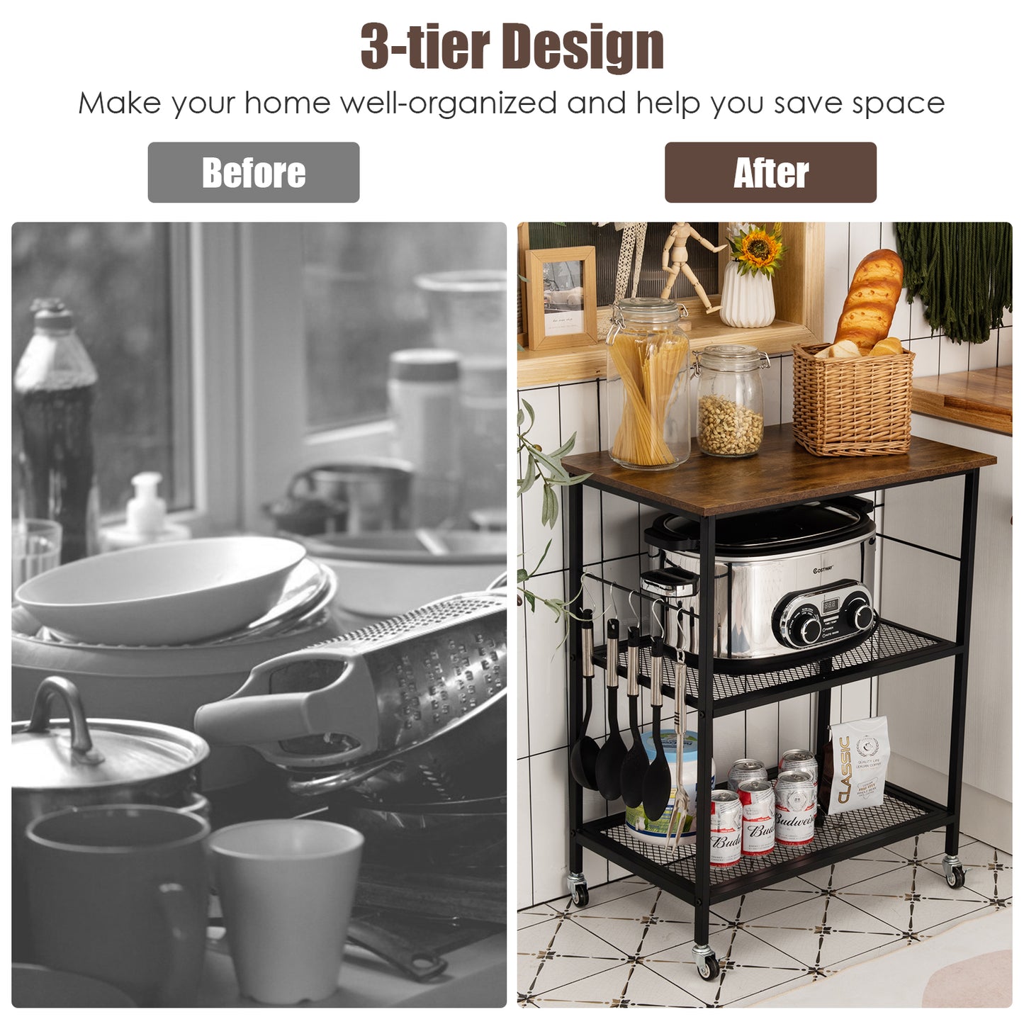 3-Tier Kitchen Utility Industrial Cart with Storage-Brown