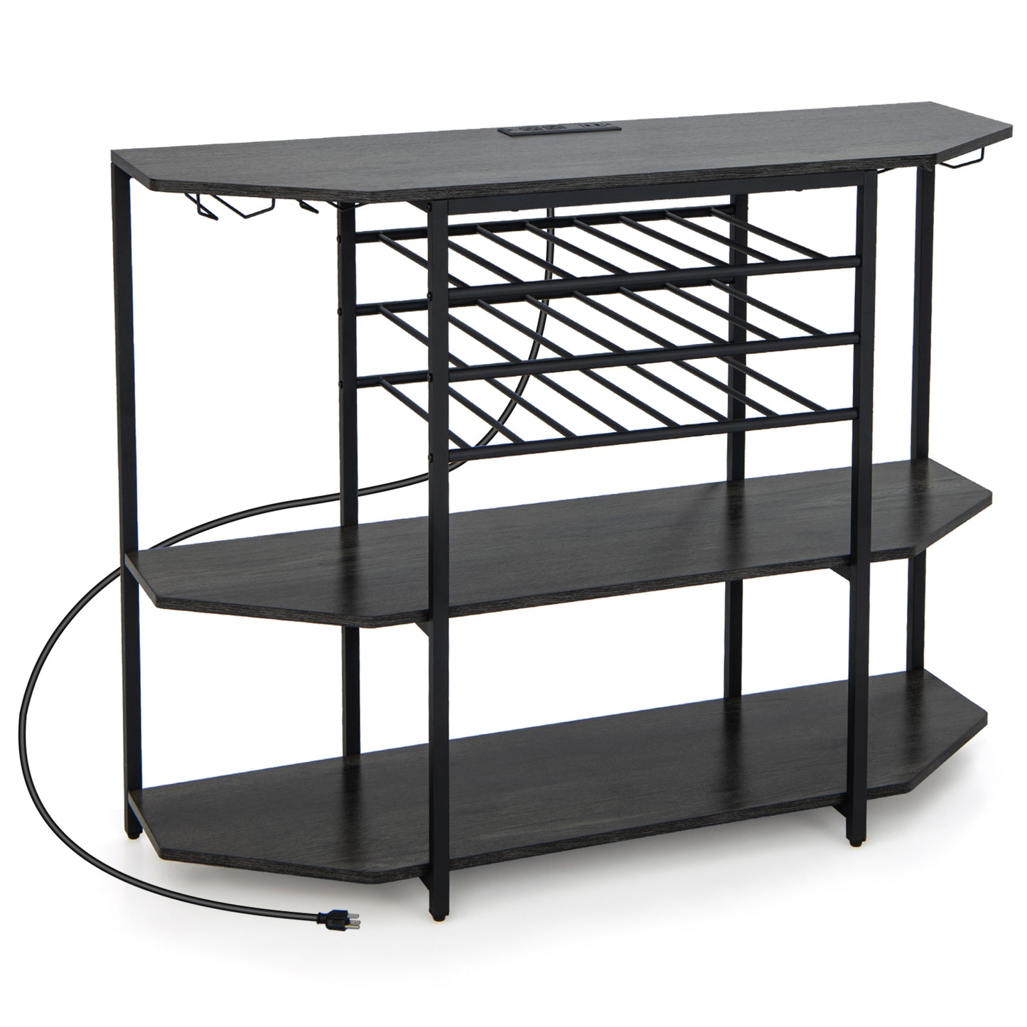 3-Tier Wine Bar Cabinet with Storage Shelves-Gray - Gray