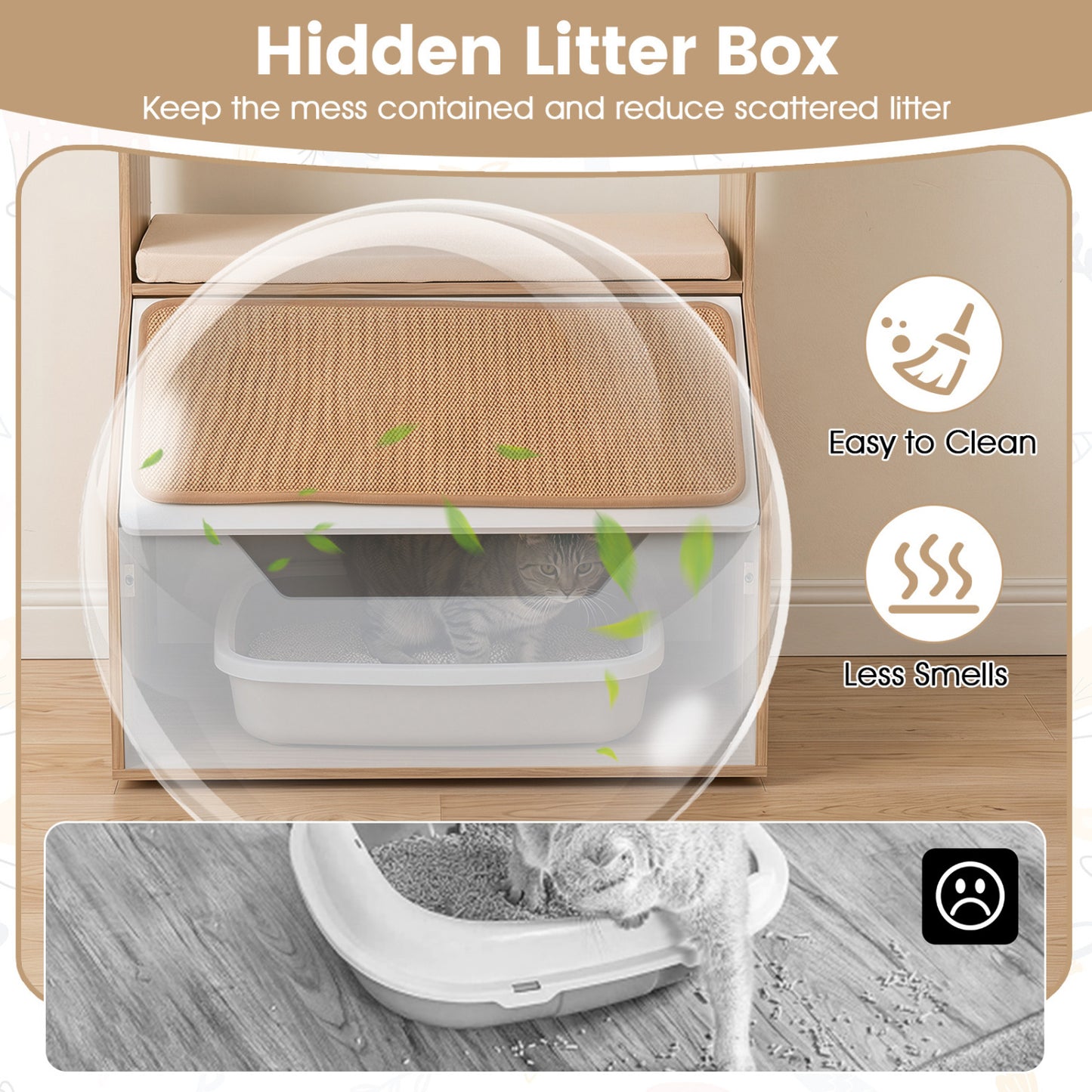 Hidden Cat Litter Box Cabinet with Scratching Pad & Cushion