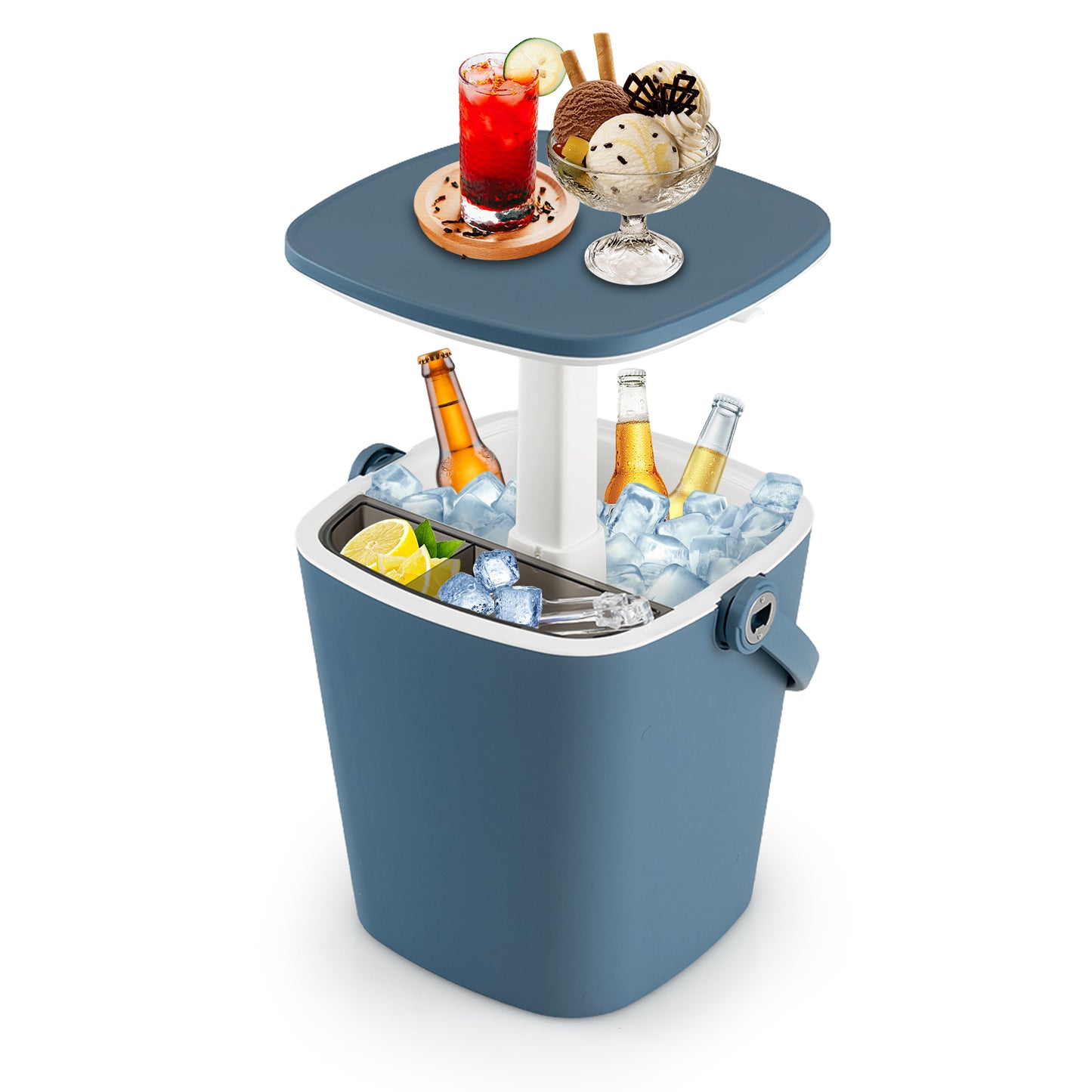 3-in-1 Portable Cooler Bar Table with Bottle Opener and Lift Top Lid for Camping Poolside-Black - Blue