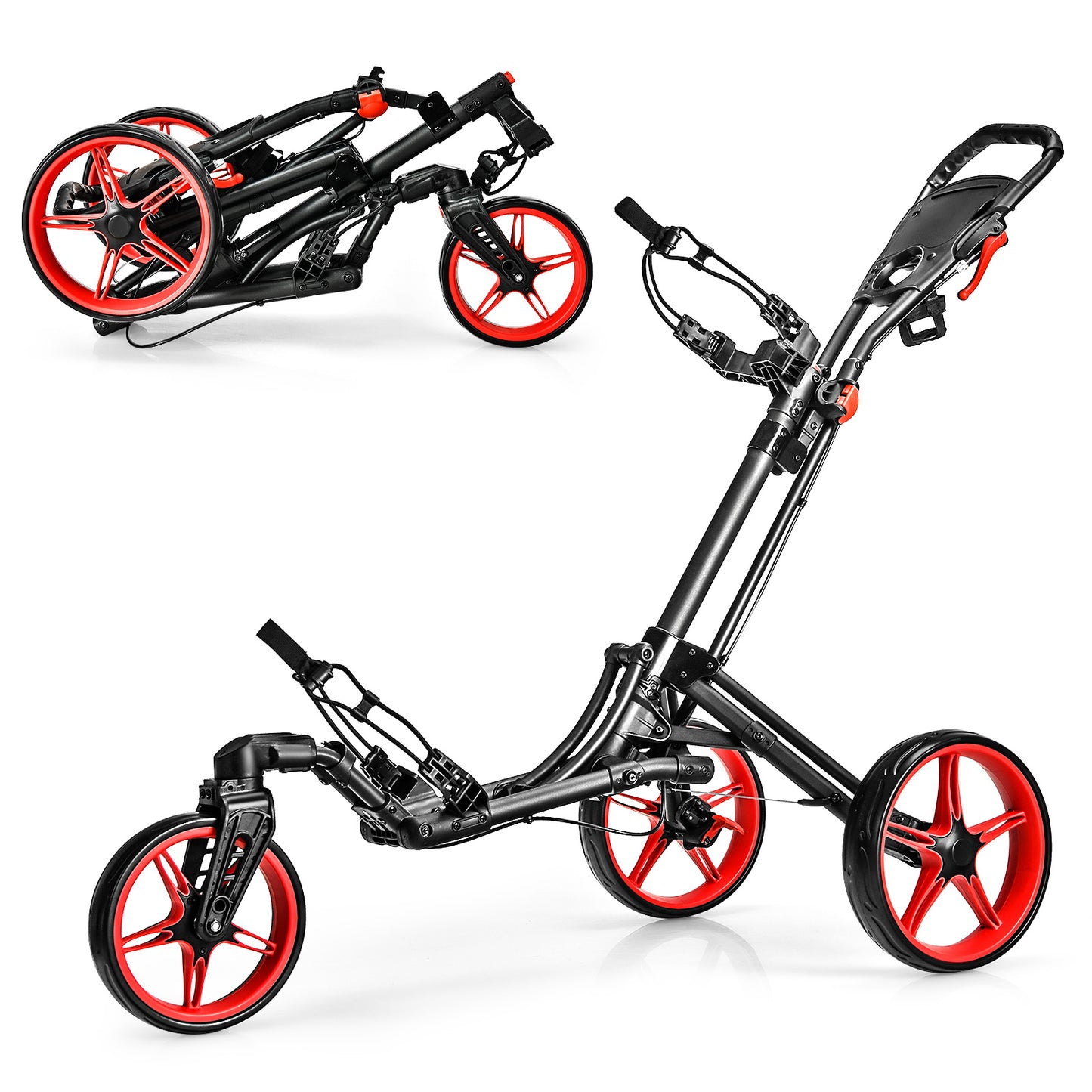 Folding Golf Push Cart with Scoreboard Adjustable Handle Swivel Wheel-Gray - Red