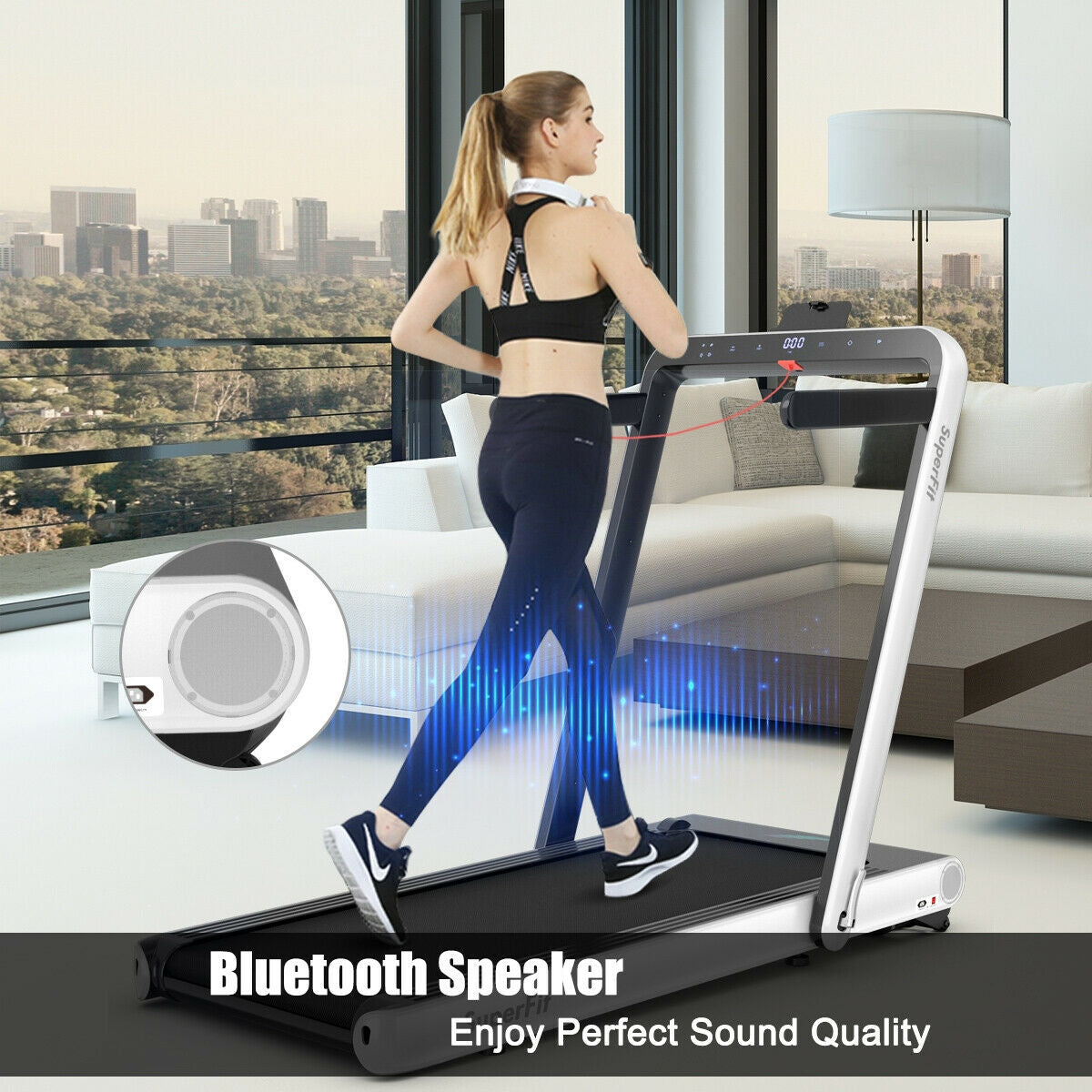 4.75HP 2 In 1 Folding Treadmill with Remote APP Control-Black - White