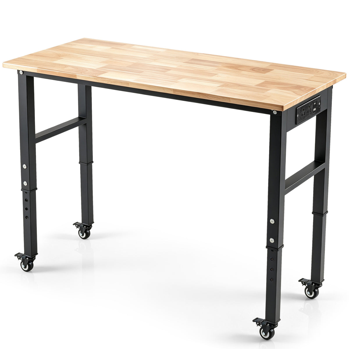 Adjustable Height Workbench with Wheels 46 Inch Oak Wood Top