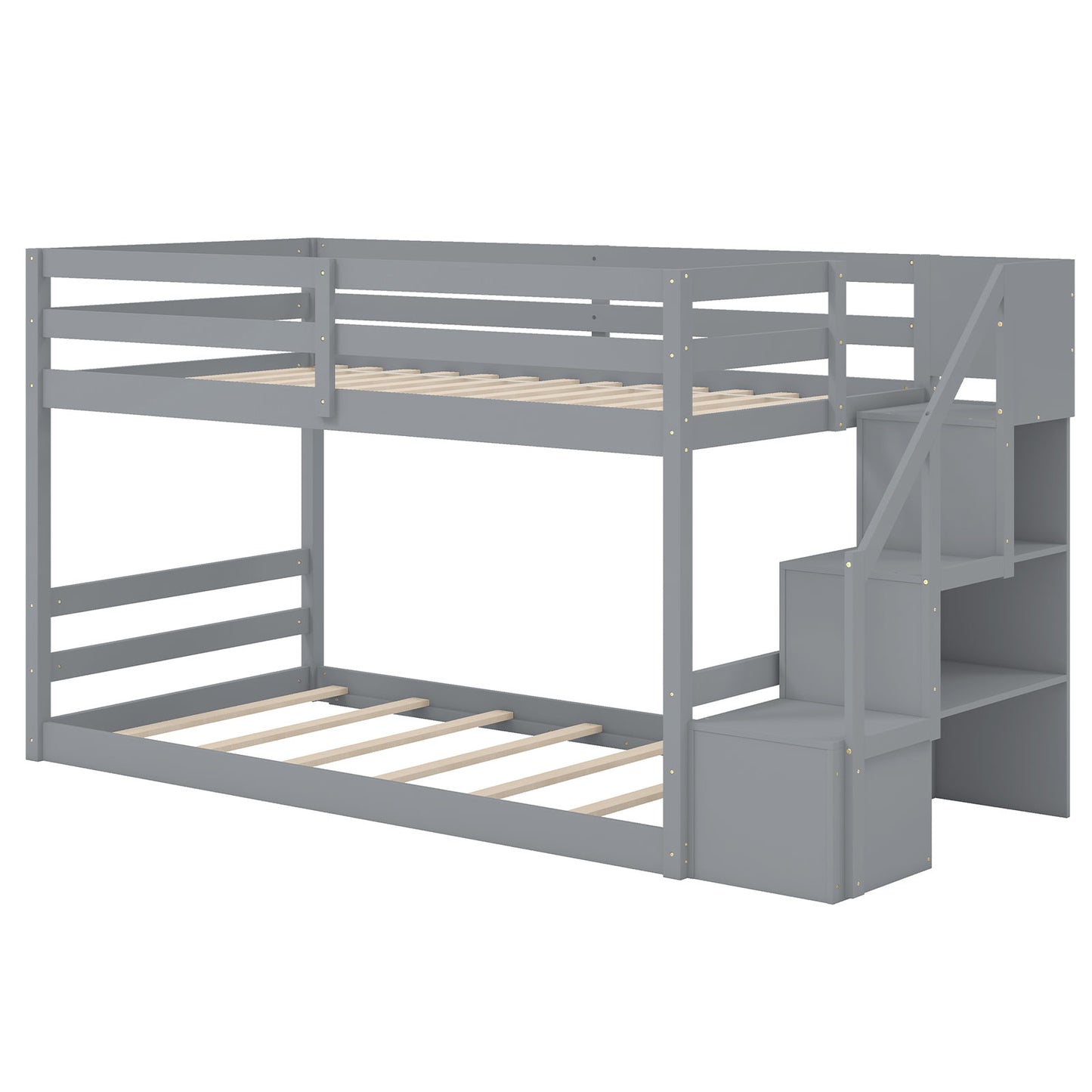 Twin Over Twin Low Bunk Bed with Storage Stairs Solid Wood Floor Bunk Bed Frame-Gray - Gray