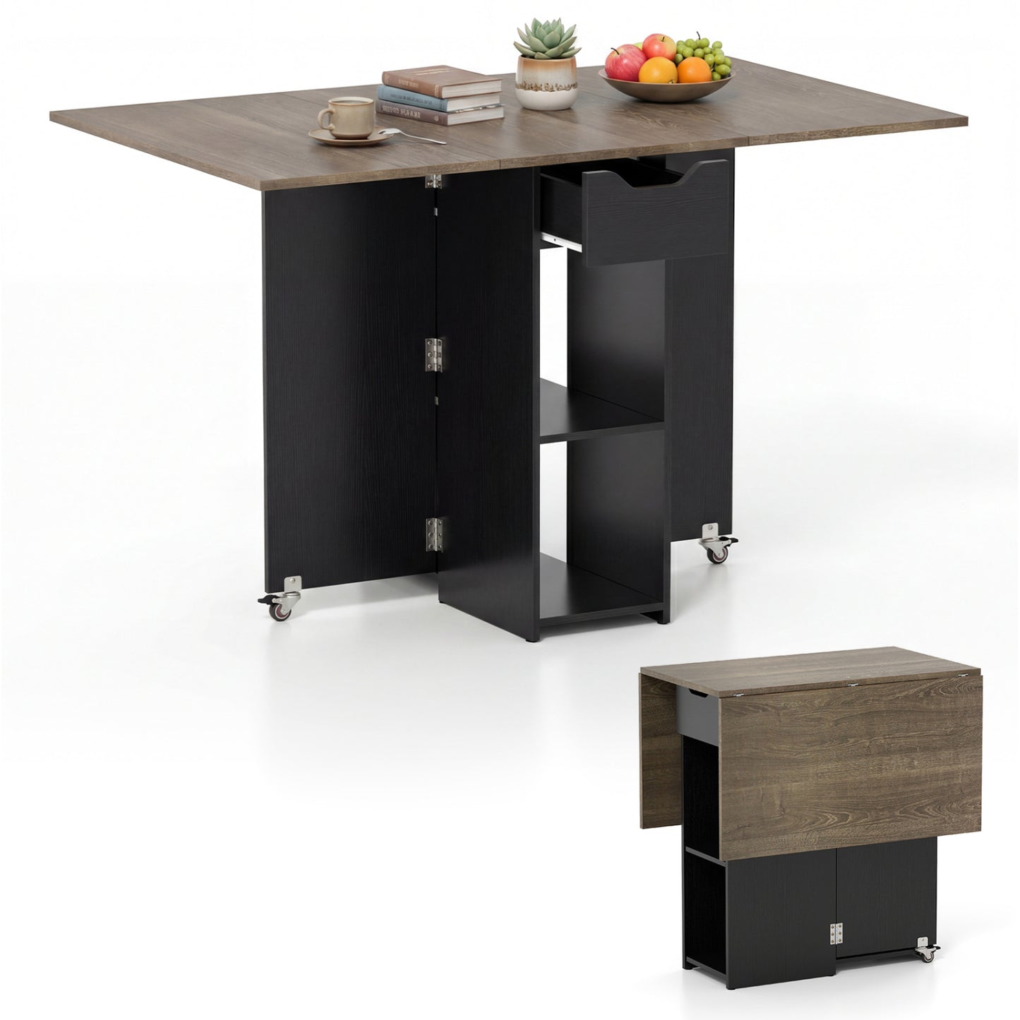 47.5 Inch Farmhouse Extendable Wooden Dinner Table with Lockable Wheels-Oak - Oak