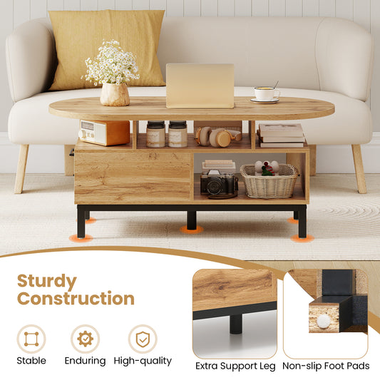 47 Inch Oval Coffee Table with Storage and Open Compartments for Living Room-Natural