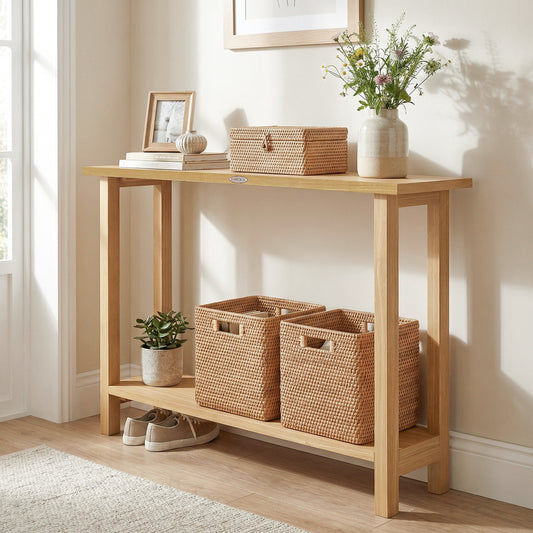 47 Inch Solid Wood Console Table with Teak Wood Frame and Storage Shelf